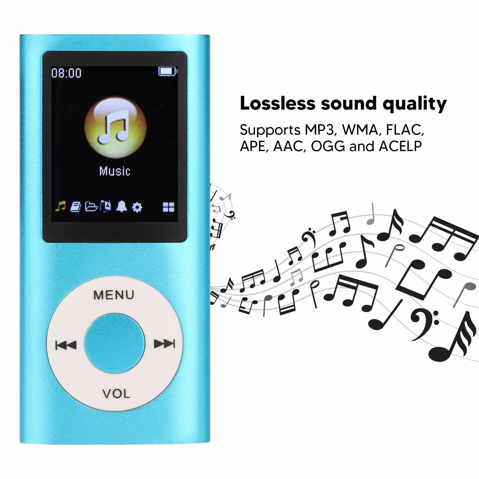 Odtwarzacz MP3, Przenośny Cyfrowy Odtwarzacz MP3 Bezstratnej Muzyki, Mini Odtwarzacz MP3 dla Dzieci ze Smukłym 1,8-calowym Ekranem LCD do Biegania Sportowego, Czas Odtwarzania 8 (Niebieski)