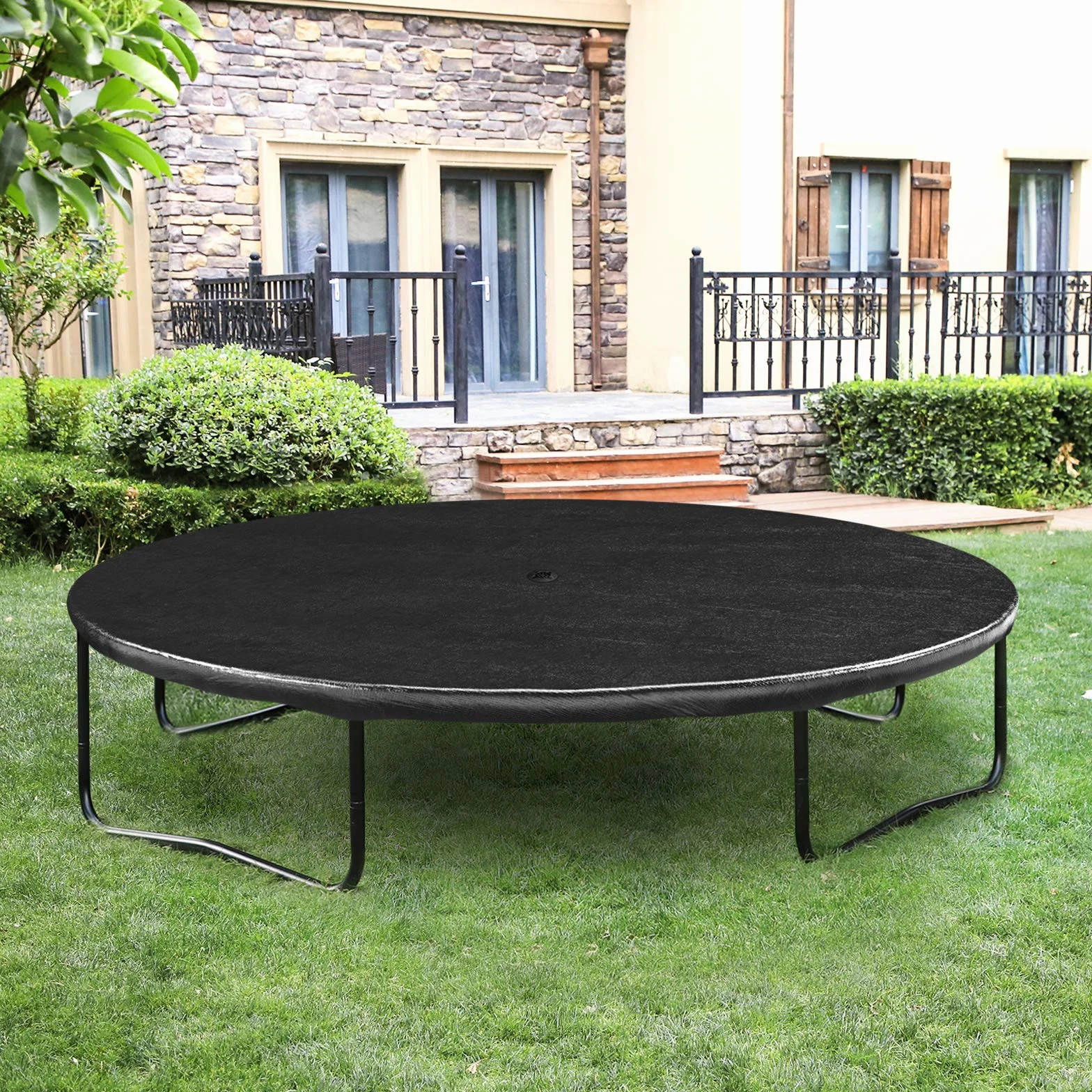 SONGMICS Osłona Ø 244 305 366 cm na trampolinę, plandeka z otworami odpływowymi, plandeka chroniąca przed słońcem, liśćmi, śniegiem i brudem, elastyczne taśmy i haczyki, czarna