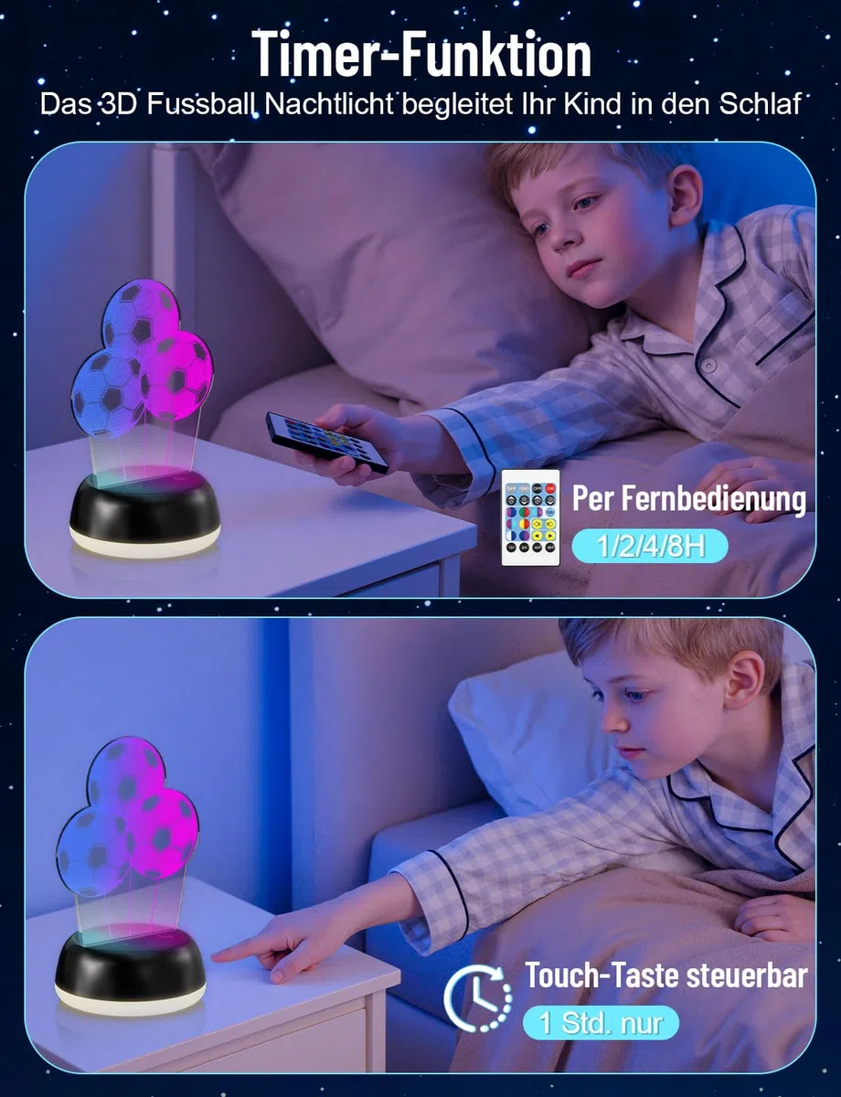 Yissvic Piłka nożna, prezent dla chłopców, piłka nożna, podwójny wyświetlacz, lampka nocna 3D, 14 kolorów, dla chłopców i dziewczynek, dekoracja do pokoju dziecięcego, lampa potrójna