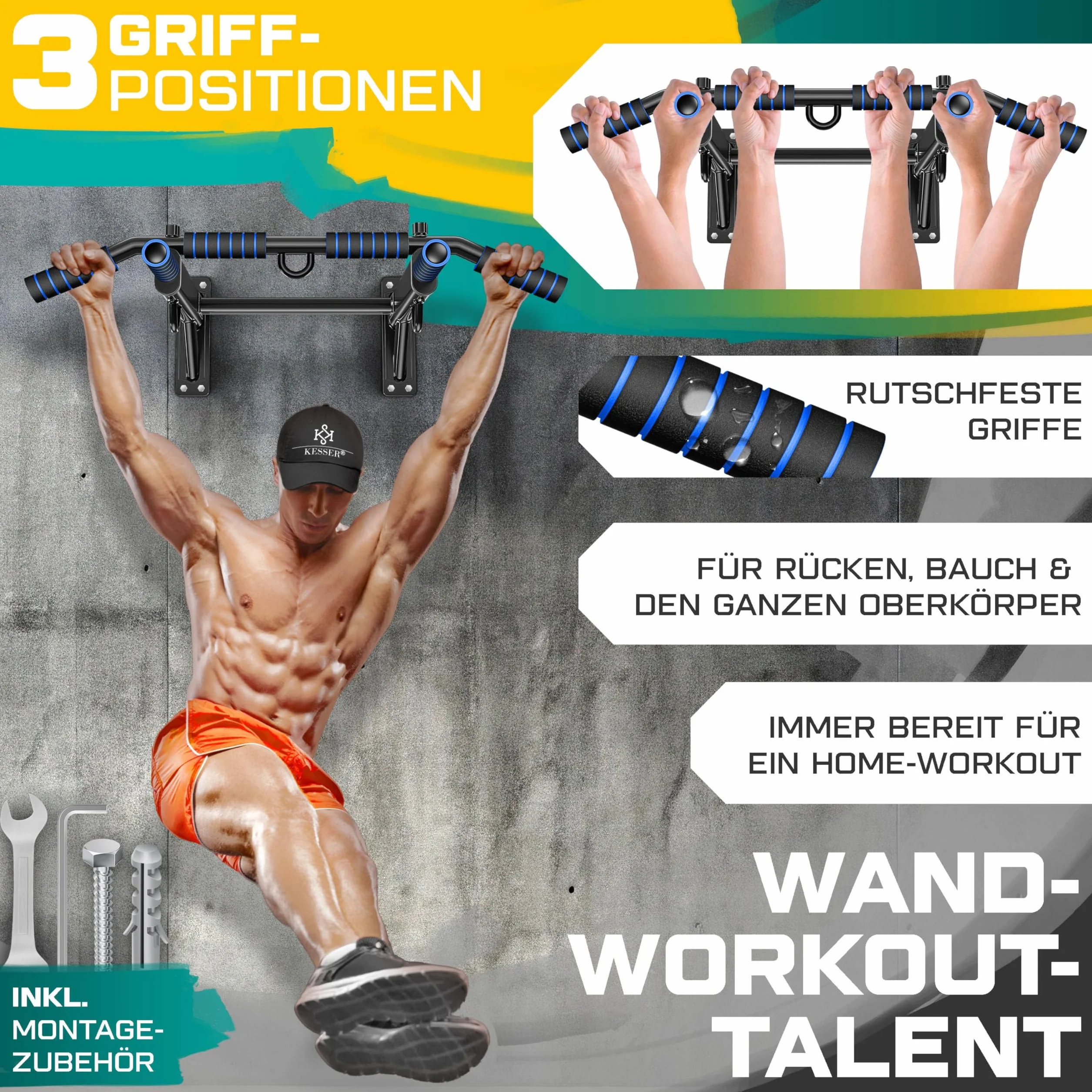 KESSER® Drążek do podciągania 4 w 1 do montażu na ścianie, antypoślizgowe uchwyty, dodatkowa funkcja do lin, pierścieni i worków bokserskich z różnymi pozycjami chwytu, bezpieczny i stabilny, do domu