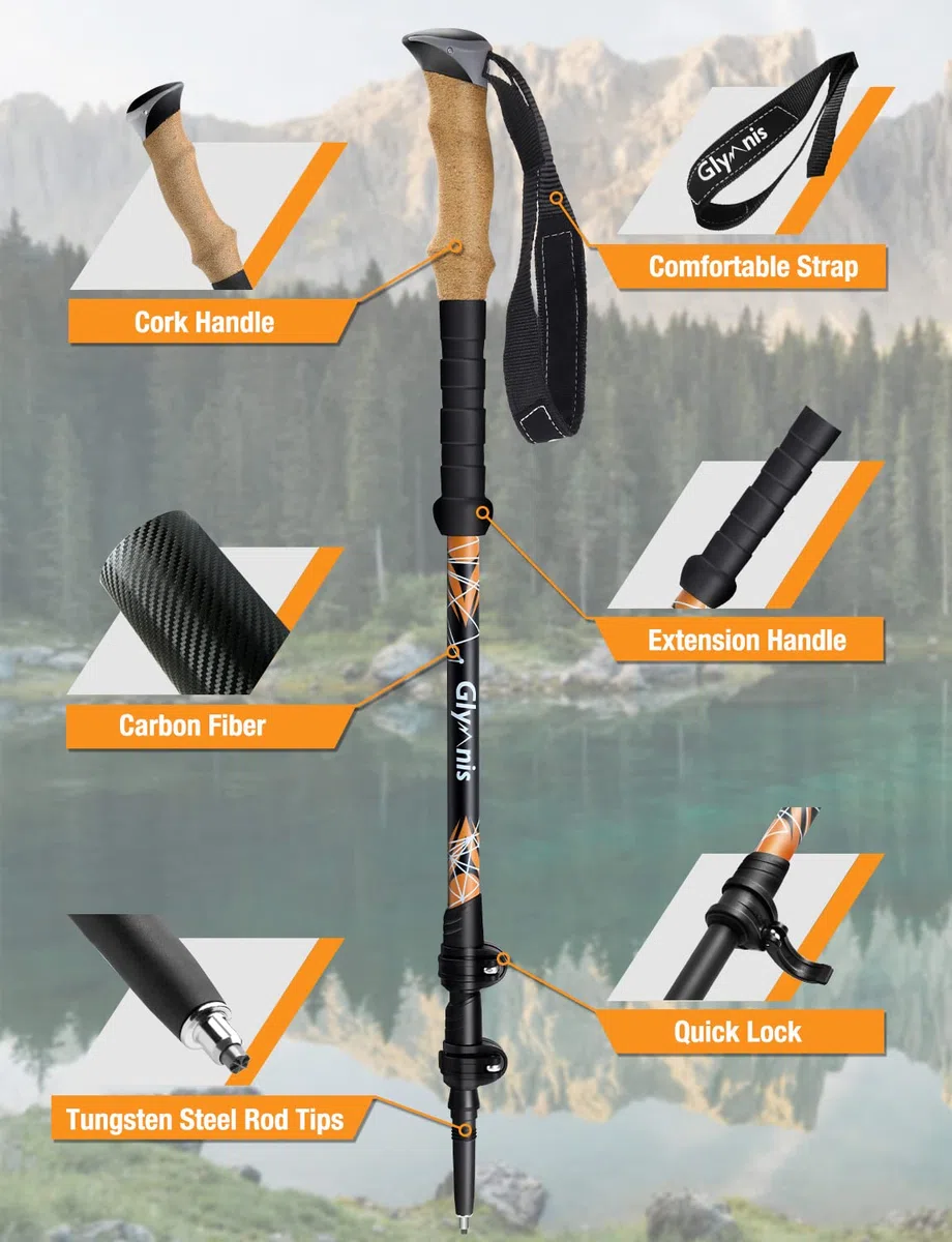 Glymnis Kijki trekkingowe z włókna węglowego, regulowane kijki trekkingowe 65-135 cm, zamknięcie zaciskowe, uchwyt korkowy z 4 parami gumowych odbojników, czarne