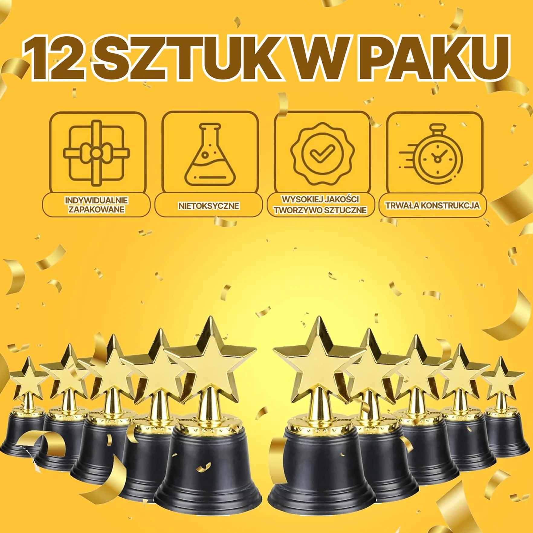 Nagroda Bedwina Star Trophy – pakiet 12 szt., złote trofea 11,4 cm dla dzieci i dorosłych, na konkursy, wydarzenia sportowe, dekoracje imprez, upominki dla nauczycieli i gości