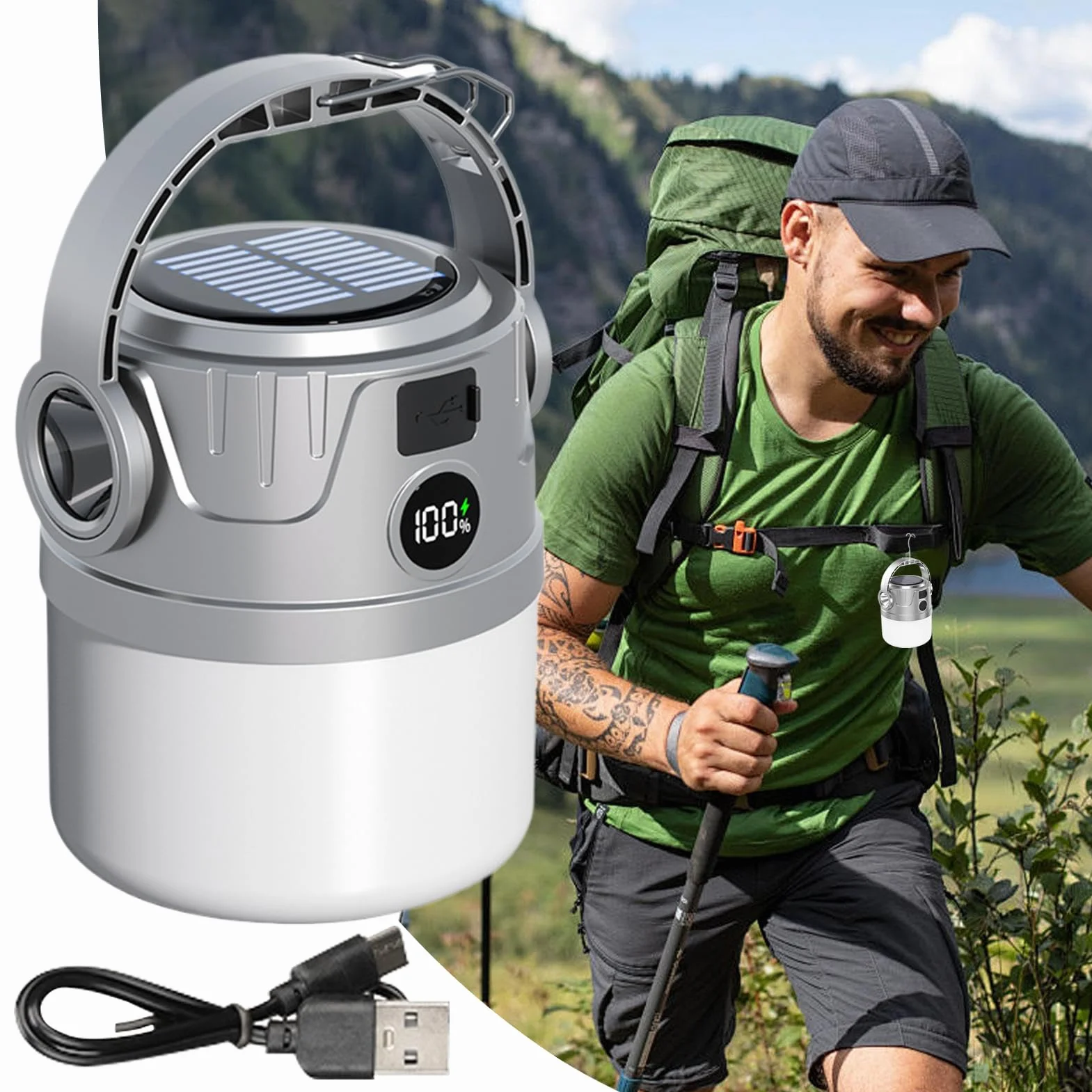 Lampa solarna na kemping | Latarnia kempingowa LED z możliwością ponownego ładowania, z USB, przenośna lampa outdoorowa z cyfrowym wyświetlaczem, na wędrówki, wędkowanie i kemping