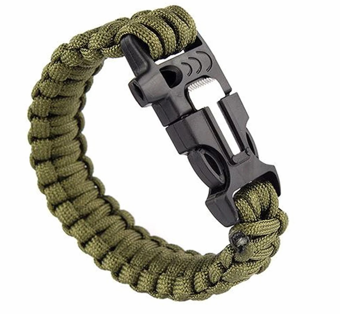 Bransoletka PARACORD 3w1 wojskowa fajka do rozpalania ognia na przetrwanie, zielona ET103, 22,5 cm, nylon i wytrzymały plastik ABS