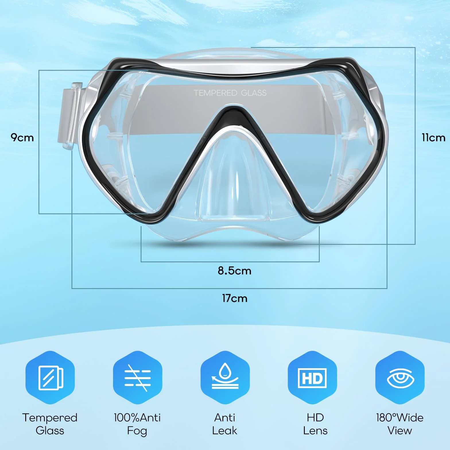 Findway Maska do nurkowania dla dorosłych z regulowaną elastyczną opaską z miękkiej tkaniny, okulary do nurkowania dla mężczyzn, kobiet z panoramicznym polem widzenia 180° HD, maska do nurkowania