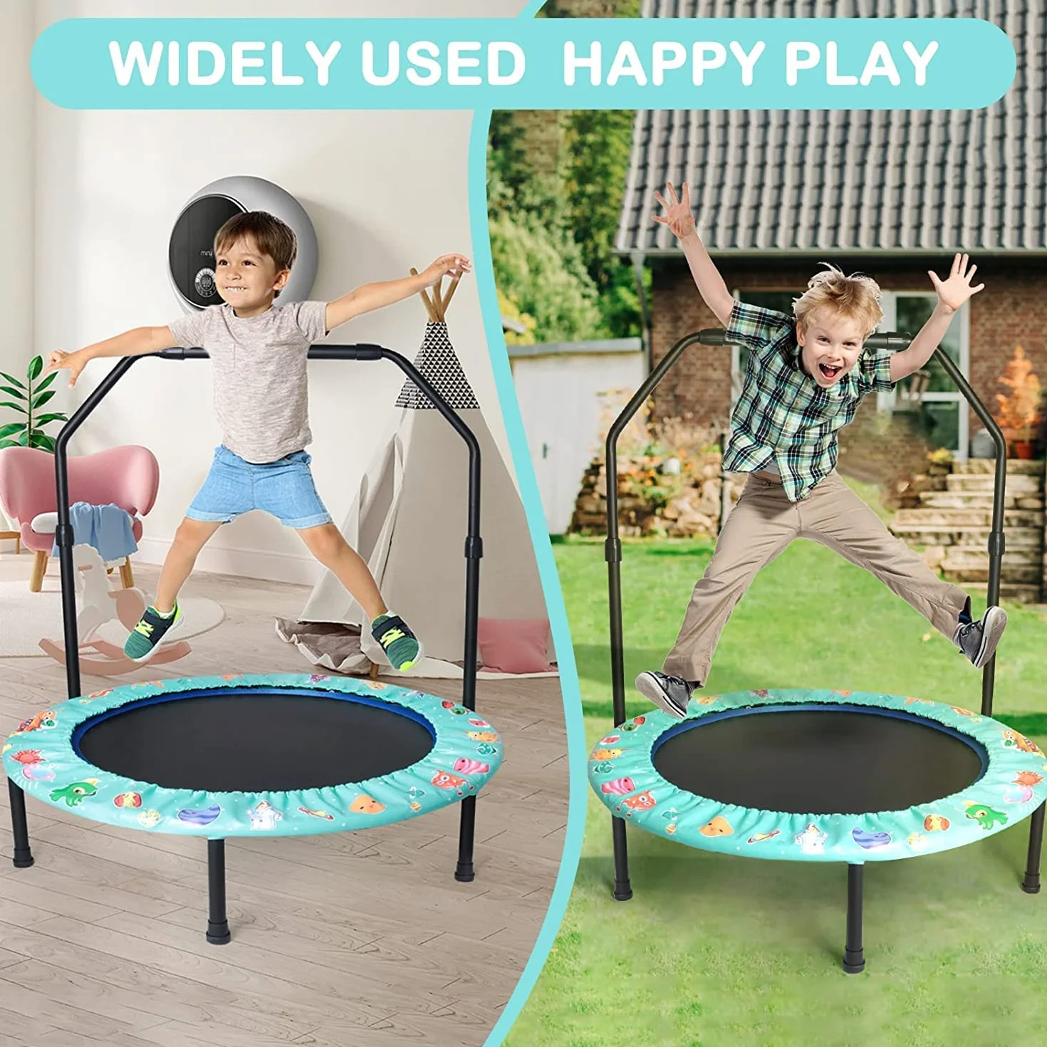 Mini Trampolina Składana dla Dzieci 92 cm z Uchwytem Regulowanym