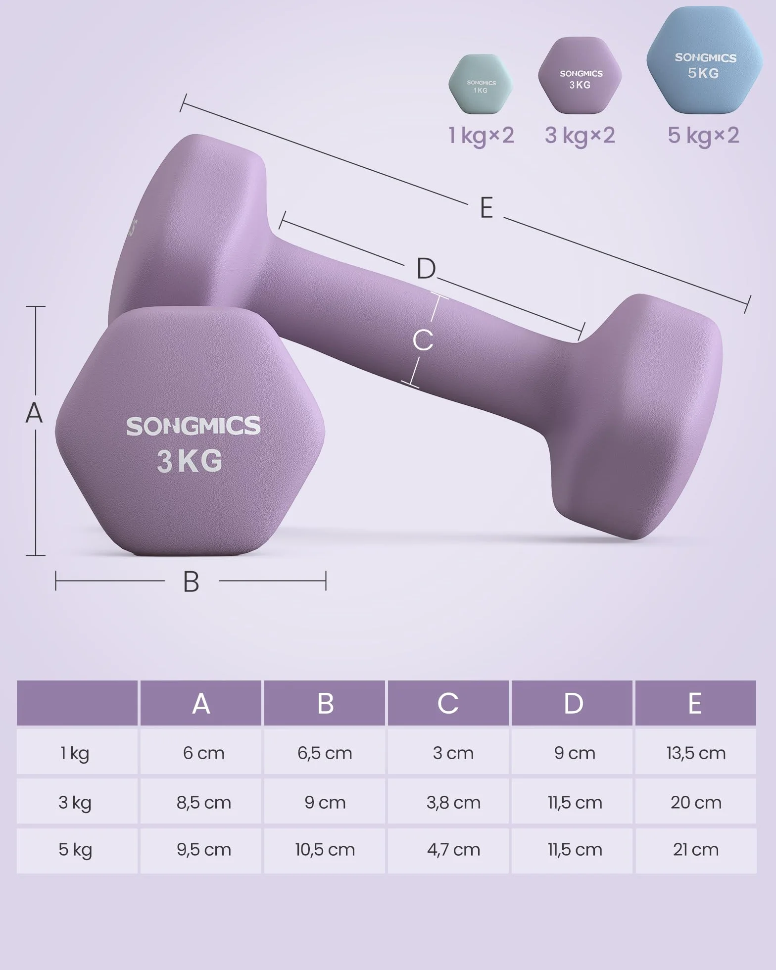 SONGMICS Zestaw hantli sześciokątnych ze stojakiem, 2 x 1 kg, 2 x 3 kg, 2 x 5 kg, matowe wykończenie, powłoka z neoprenu, morski niebieski, królewski fioletowy i jasnoniebieski SYL618PZ02