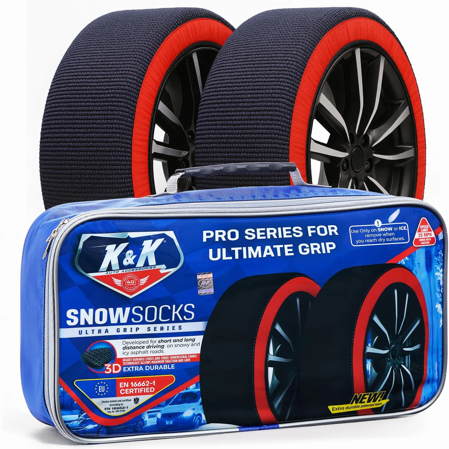 K&K Auto Accessories Snow Socks for Tires - Pro Series for Ultimate Grip Alternative for Tire Snow Chain - Snow Traction Device for Passenger Cars SUVs Trucks Winter Emergency Accessory (Medium)