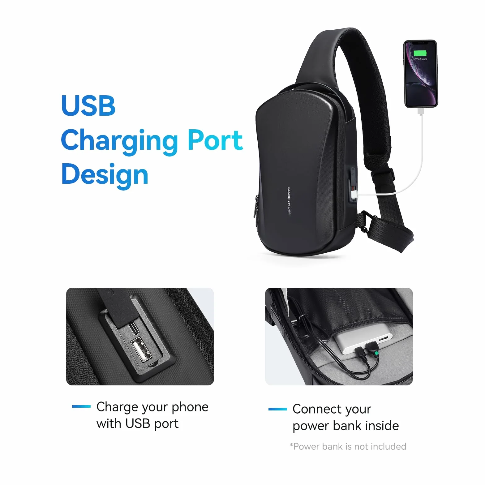MARK RYDEN Sling Bag męska twarda obudowa, odporna na przecięcia i odporna na uderzenia, torba na ramię z przyłączem USB do ładowania, wodoszczelna torba na ramię do podróży, uprawiania sportu, jazdy
