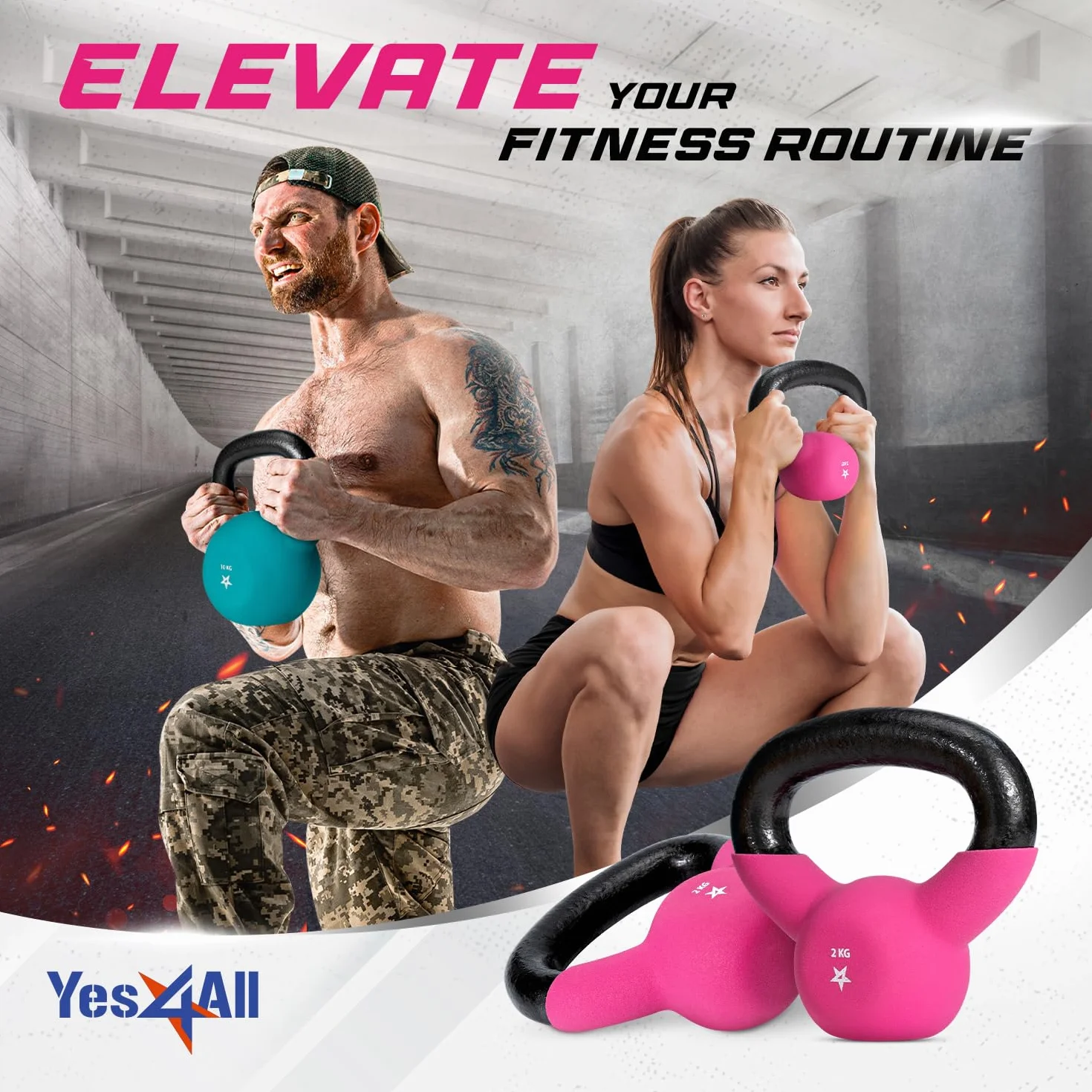 Yes4All DLKP Kettlebell ciężarki z powłoką neoprenową, do treningu siłowego, 2 kg, różowe