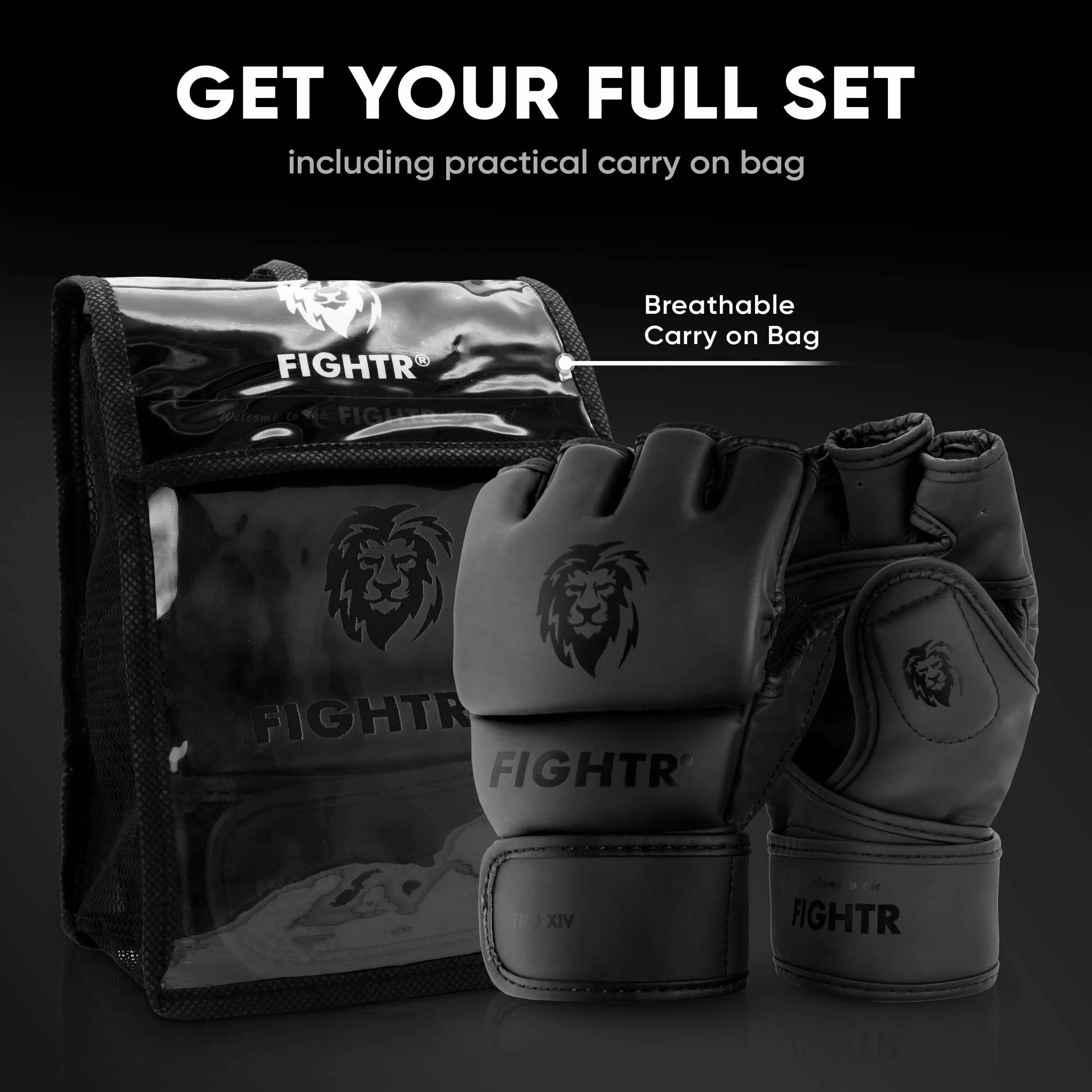FIGHTR® Rękawice MMA dla idealnej stabilności i siły uderzania, rękawice do gry MMA, worek z piaskiem, sparing i treningi, w zestawie torba do przenoszenia