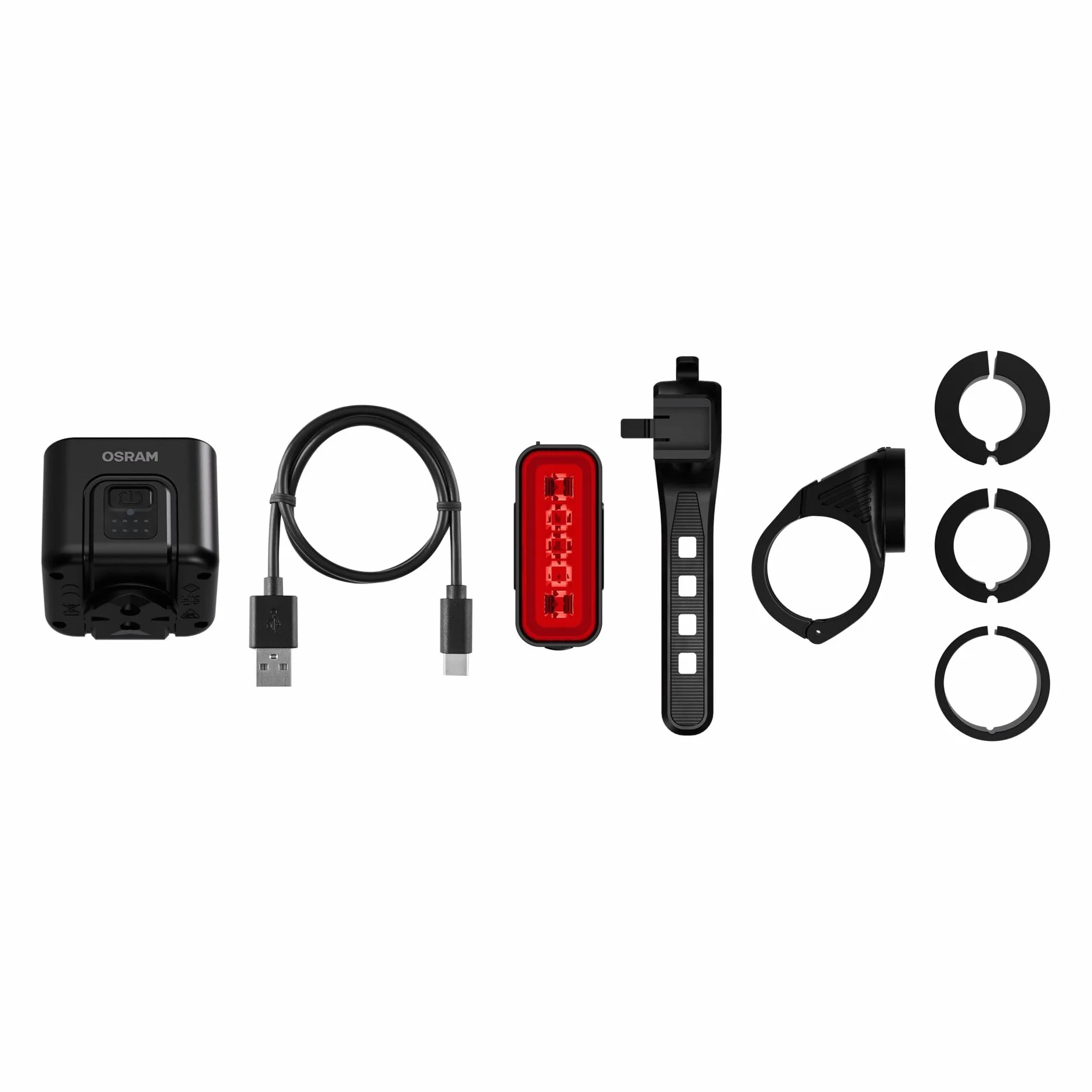 OSRAM LEDsBIKE COMPACT 100 SET, zestaw akumulatorowych lampek rowerowych - przód i tył, ze światłem stop, homologacja StVZO, kompatybilność z uchwytem Garmin, trzy poziomy jasności, 100 luksów