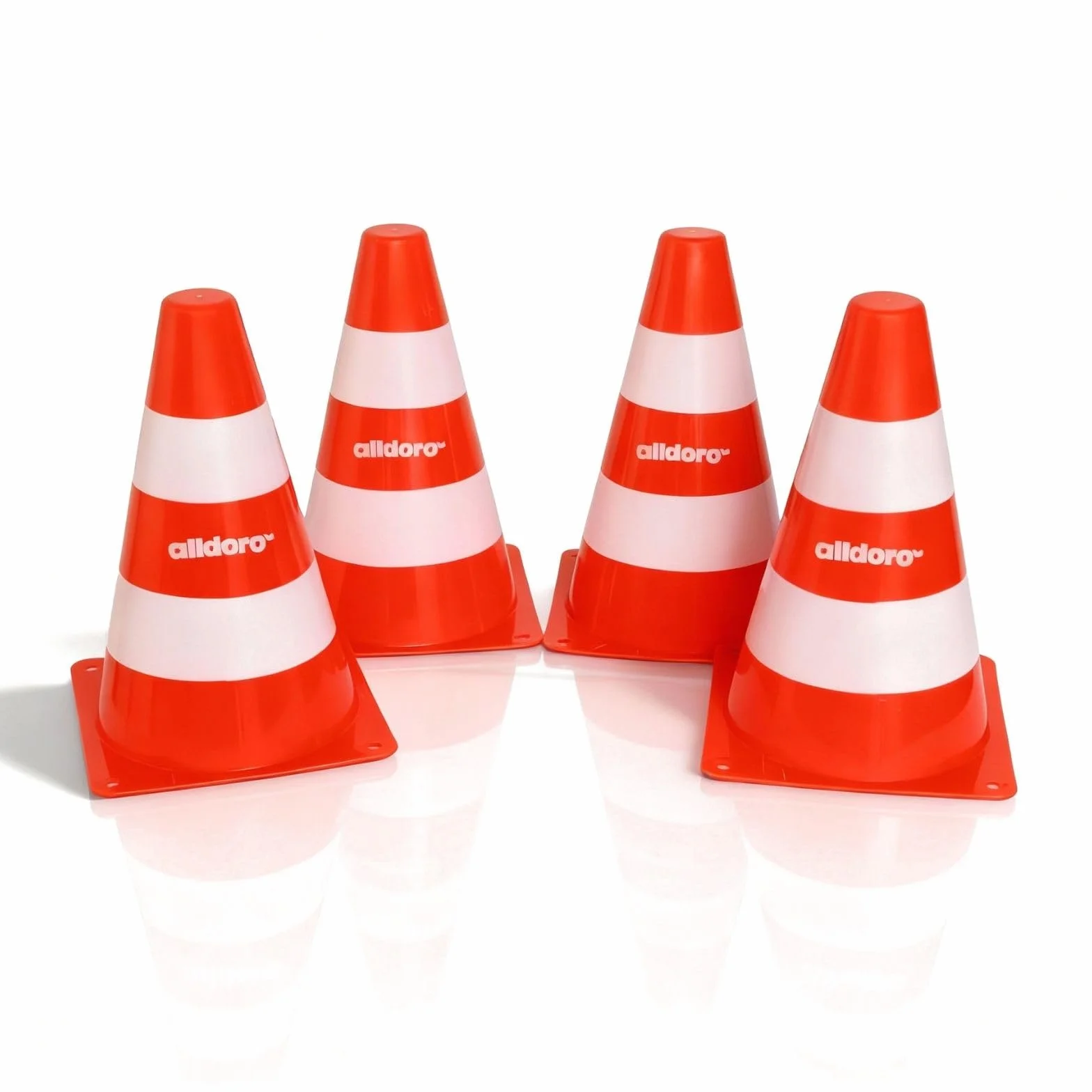 alldoro 60090 Zestaw 4 pylonów dla dzieci, czapeczki komunikacyjne pomarańczowo-białe, wysokość 18 cm, stożki prowadzące w stos do slalomu, do uprawiania sportu i spędzania wolnego czasu