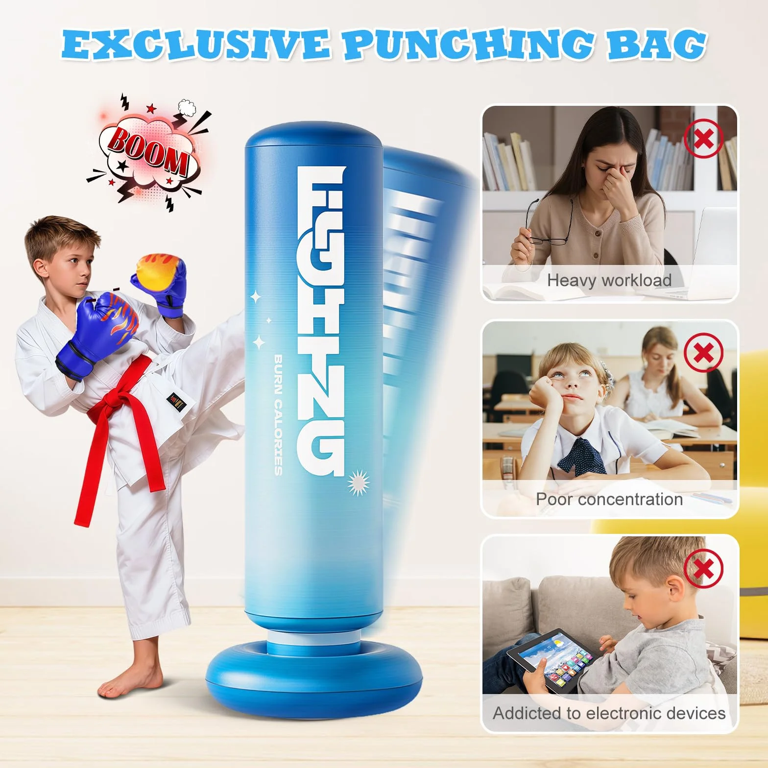 Flintronic Torba bokserska dla dzieci, nadmuchiwana piłka do dziurkowania dla dzieci, 120 cm/160 cm, stabilna torba bokserska, do domowej siłowni treningowej Taekwondo, idealny prezent dla chłopców i