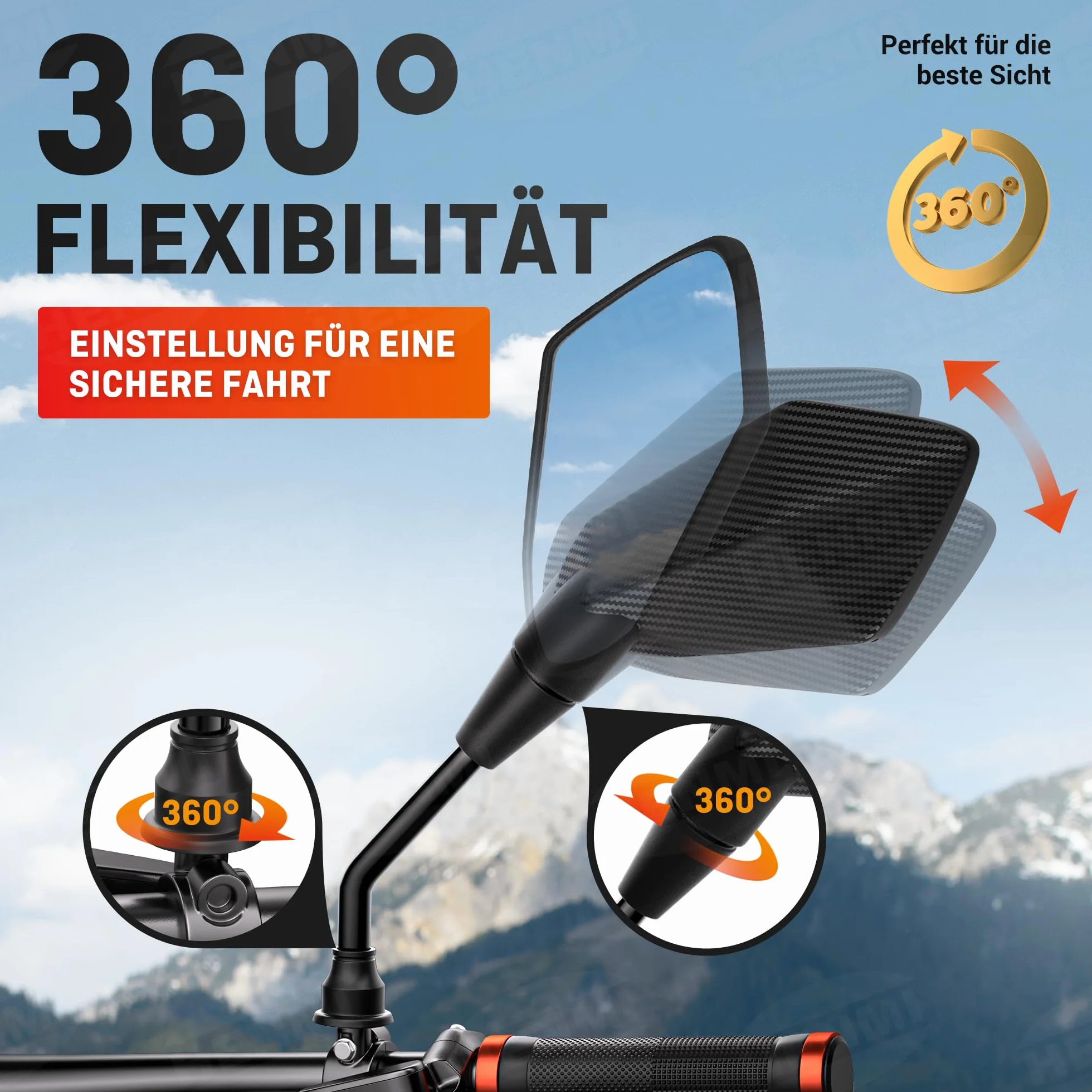 HENMI Lusterko rowerowe do roweru elektrycznego, lewe, wypukłe lustro HD, idealna elastyczność 360°, duża powierzchnia lustra, lusterko wsteczne, odporne na uderzenia prawdziwe szkło, lusterko