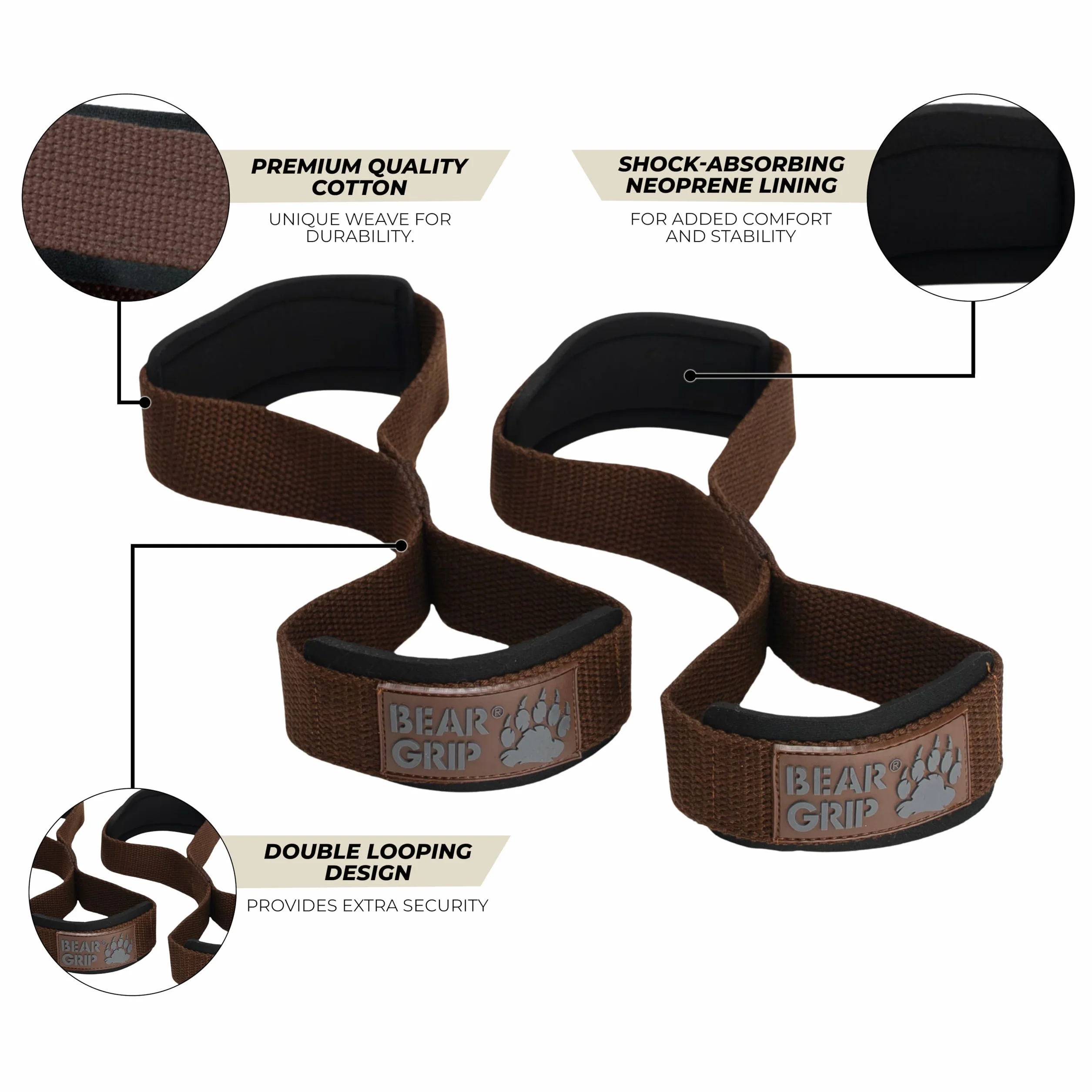 BEAR GRIP - Paski do podnoszenia ciężarów premium Figura 8 (sprzedawane parami) (brązowe)
