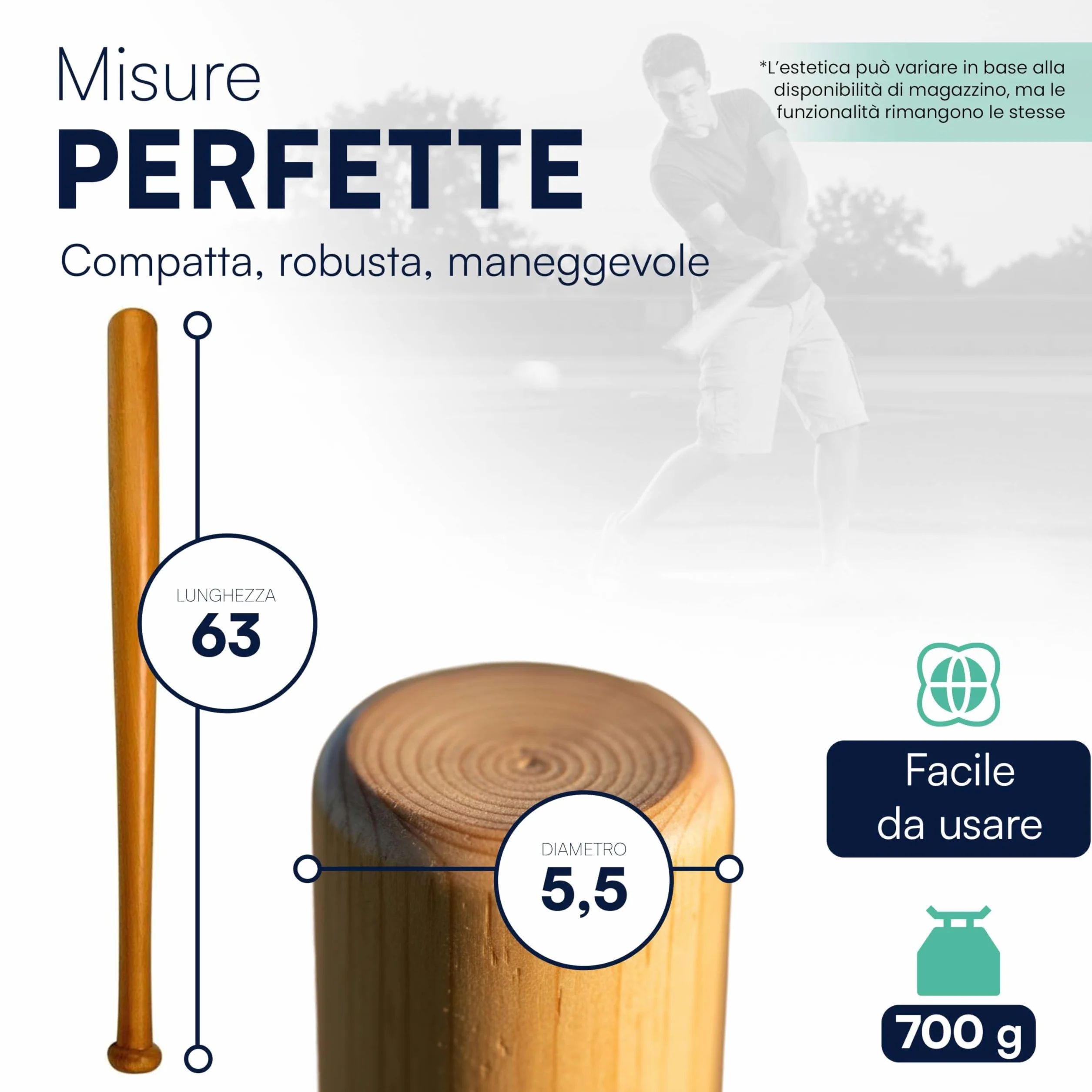 TEMPO DI SALDI Drewniany kij baseballowy o długości 63 cm i wadze 700 g, trwały i poręczny, drewniany kij Softball idealny do treningu i wypoczynku, bejsbolówka