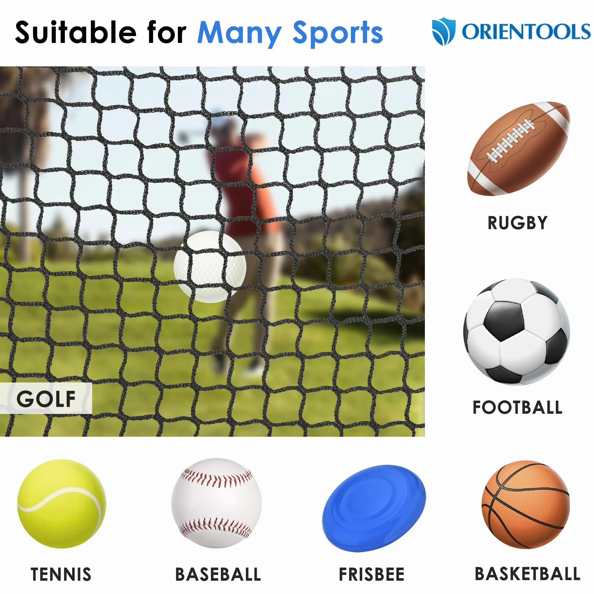 ORIENGEAR Siatka poliestrowa z liną i klamrą, siatki do jazdy w golfa, hokeja, baseballu i innych sportów, odpowiednie do użytku na podwórku, do ogrodu i wewnątrz, 3 x 3 m