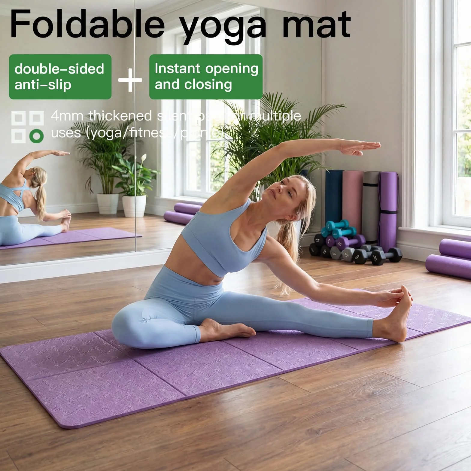 Mata do jogi, składana mata do jogi, 183 x 61 x 0,4 cm, mata podróżna antypoślizgowa, przenośna mata fitness z pokrowcem do podróży i sportu