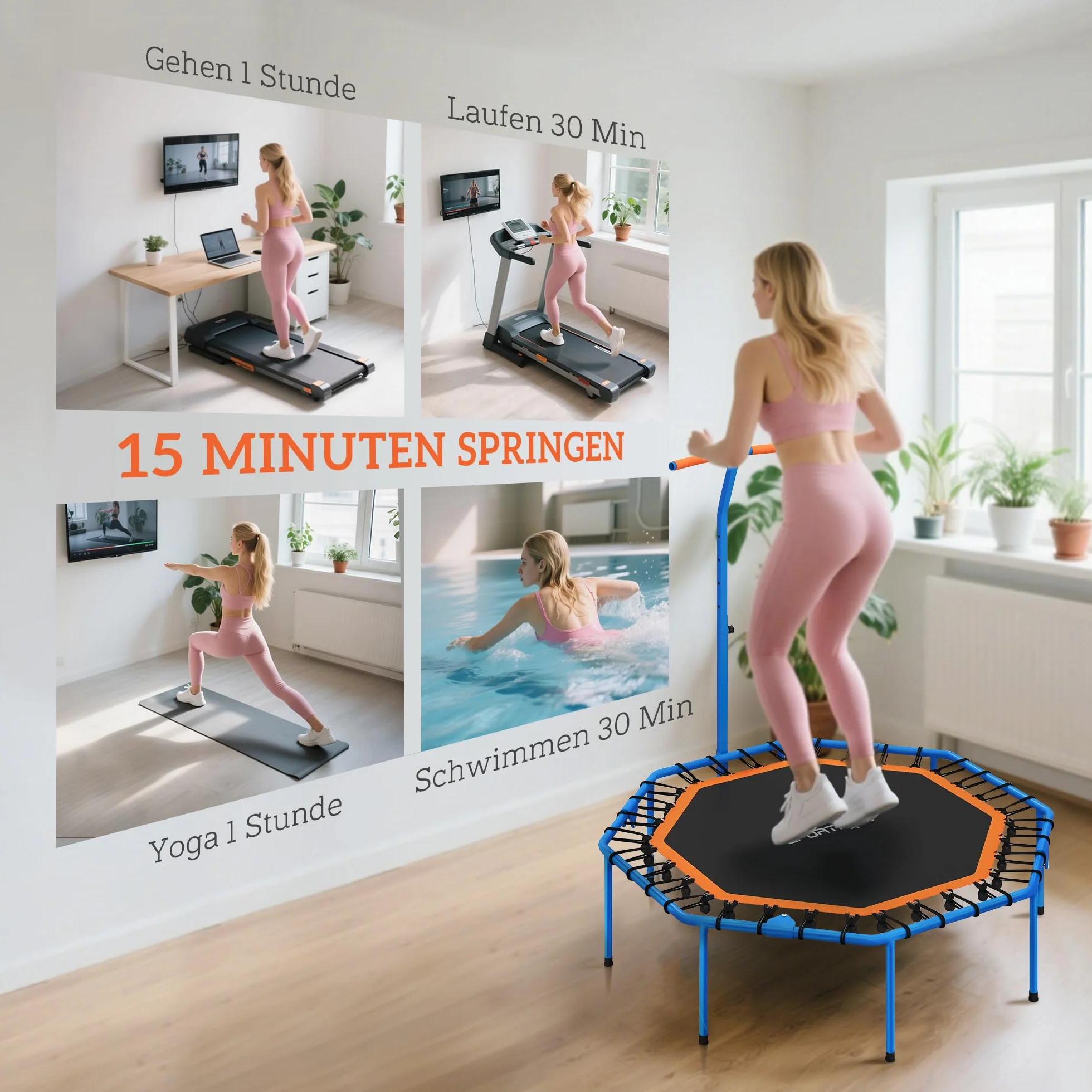 SPORTNOW Trampolina fitness, składana, Ø 128 cm, mini trampolina z 5-stopniową regulacją wysokości, cichą gumową linką, trampolina dla dorosłych, do użytku wewnątrz i na zewnątrz