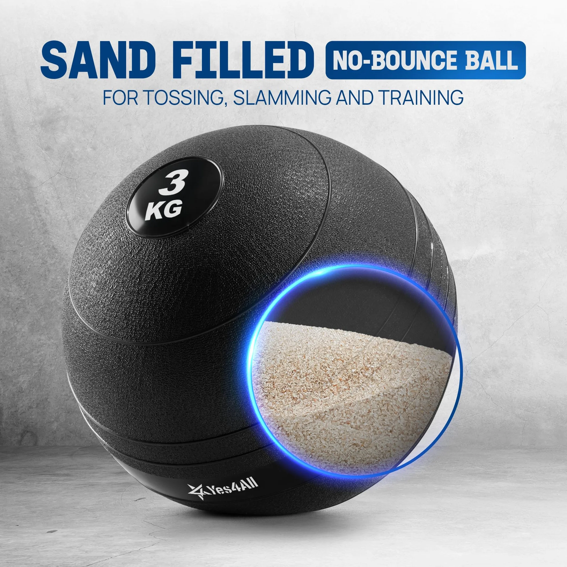Yes4All DSRD Slam Balls 3 kg, czarna, piłka medyczna wypełniona piaskiem, bez odbijania, odpowiednia do treningu i treningu siłowego