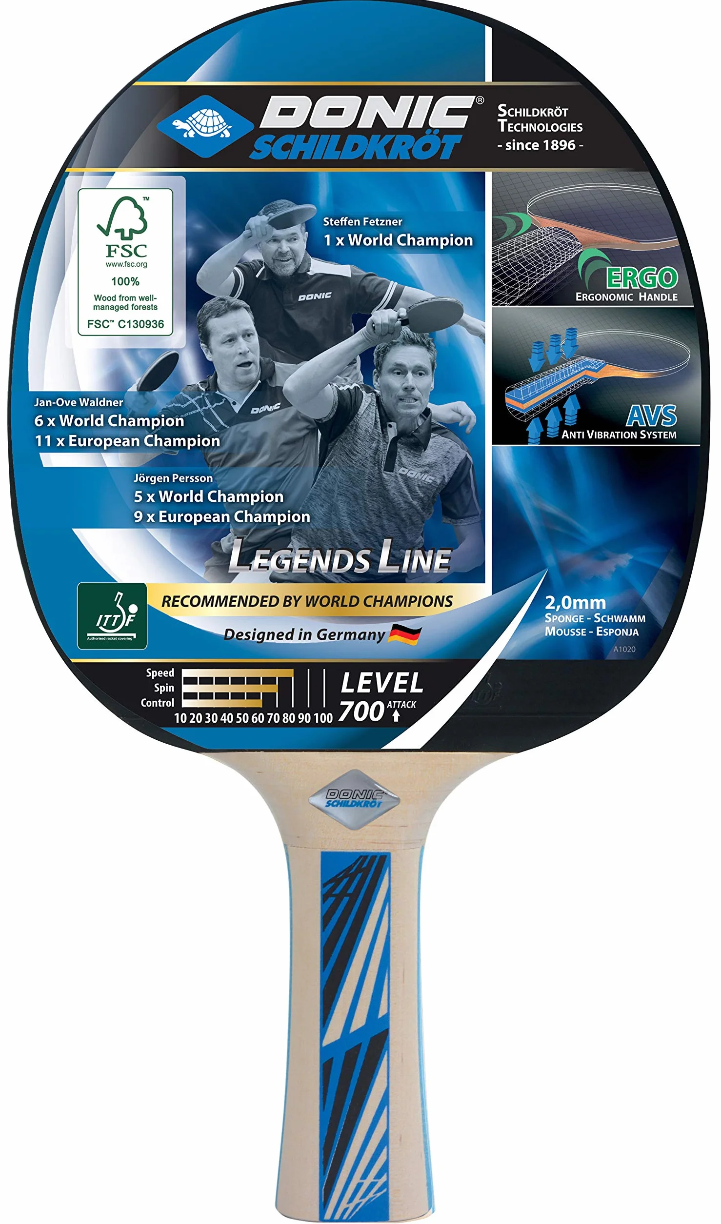 Donic-Schildkröt Table Tennis Bat Legends 700 FSC AVS Ergo Handle 2,0 mm Sponge FSC Wood Avantgarde ITTF Coating