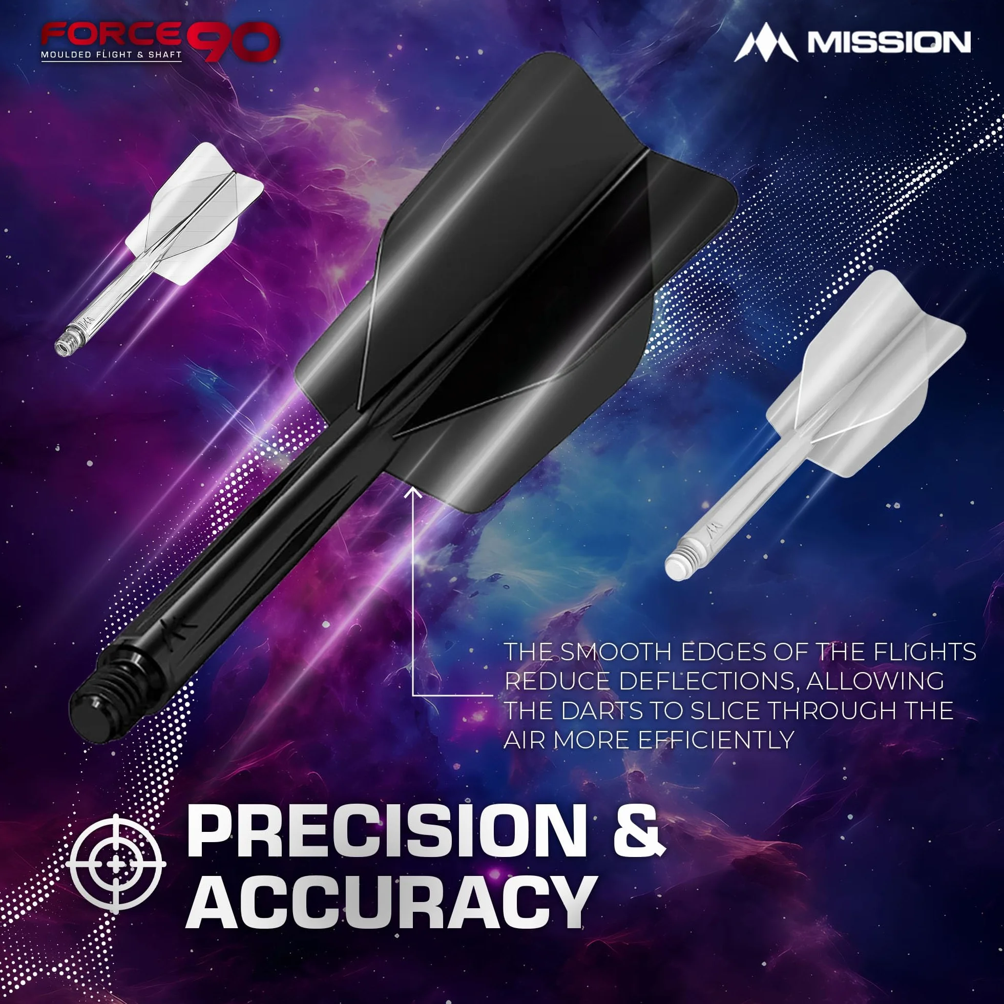 Mission Darts Force 90 | Zintegrowany precyzyjnie formowany system lotu i wałka do rzutek, 3 sztuki, profesjonalne, bardzo trwałe, kombinowane loty i łodygi 2 w 1, smukłe