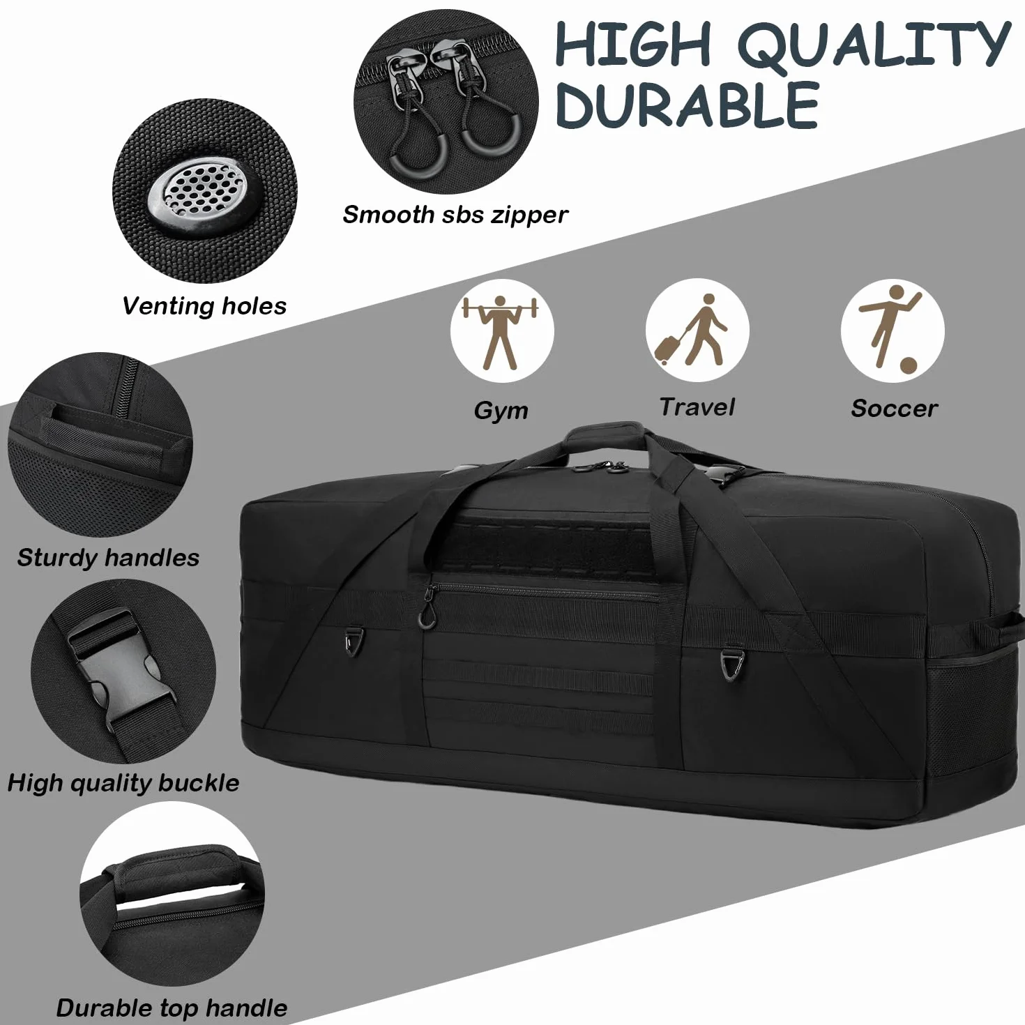 125L torba podróżna, duża torba sportowa, torba treningowa XXL dla mężczyzn, torba sportowa na siłownię, na saunę, fitness, weekender, camping, czarny, sporttasche 125L, Klasyczny