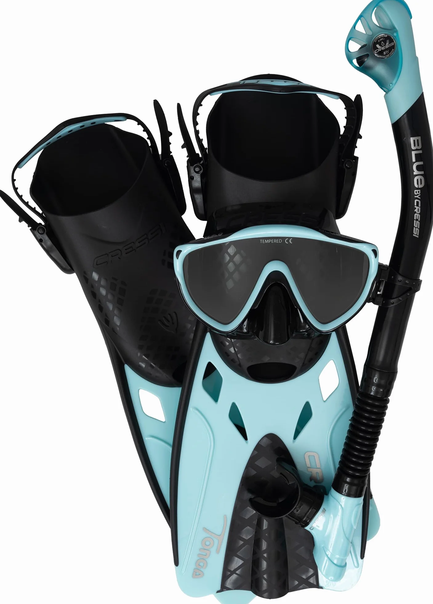 CRESSI Tino Adventure Set Black/Ice Cyan S/M - Set Tonga Fins, Tino Mask and Scilla Snorkel, for Snorkelling and Diving, Black/Ice Cyan, S/M, Adult