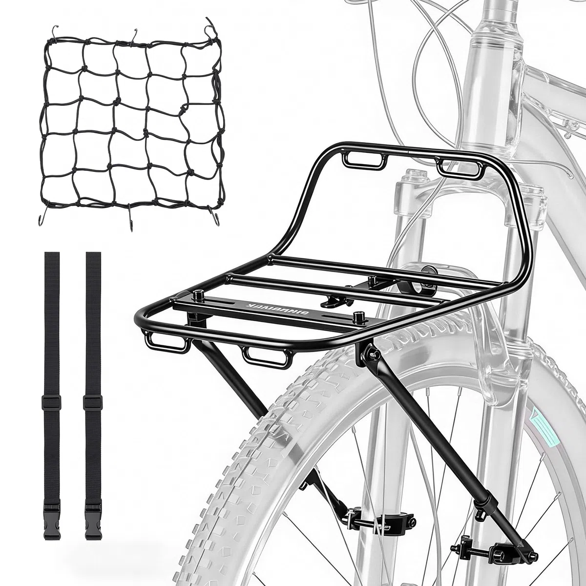 Bagażnik rowerowy z przodu, regulowany, do rowerów górskich o średnicy 22-29", stop aluminium, pojemność 10 kg, 2 metody montażu do rowerów MTB, z siatką i liną