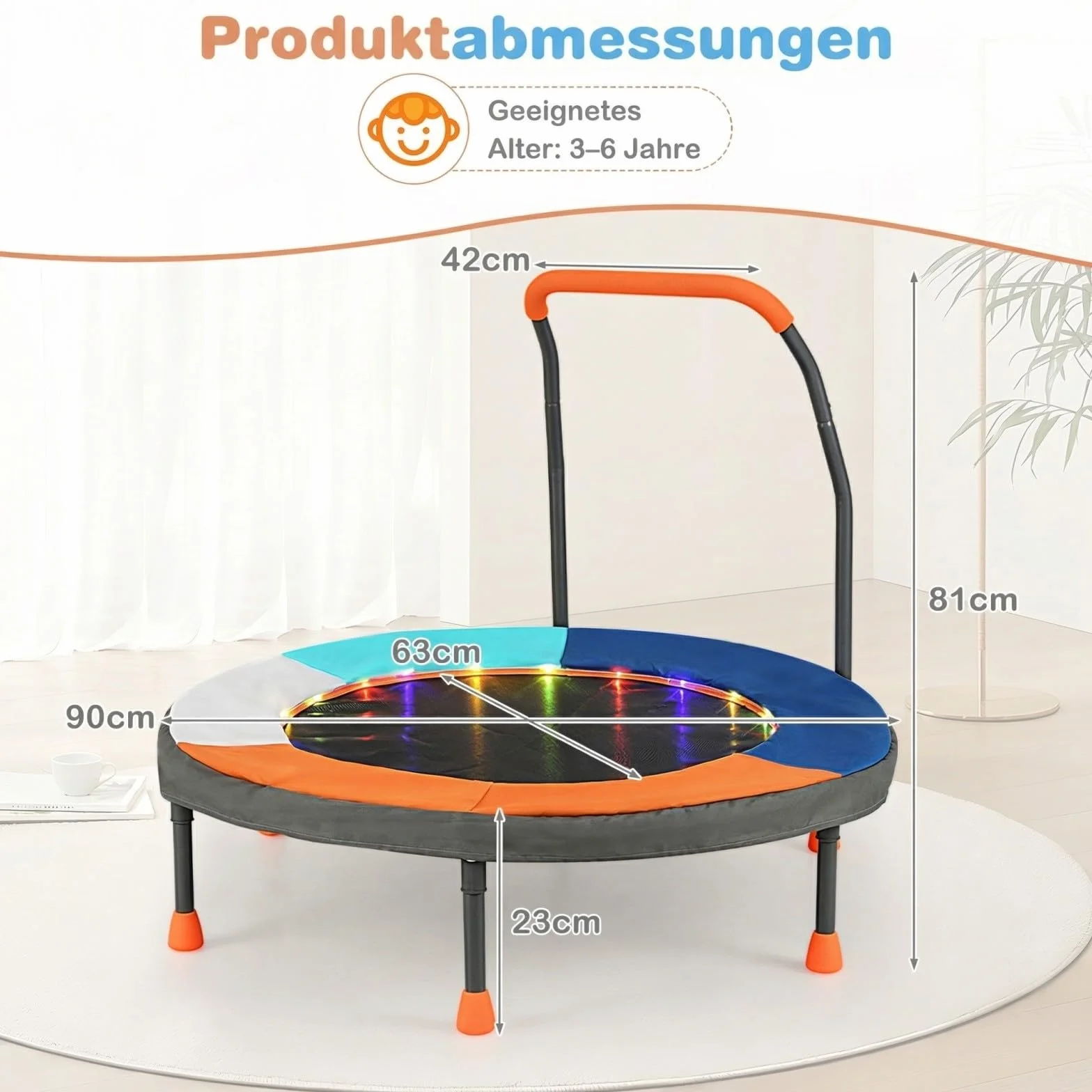 COSTWAY Trampolina dla dzieci o średnicy 90 cm, składana, z oświetleniem LED, z uchwytem i torbą do przenoszenia, mała trampolina ogrodowa, dla dzieci od 3 lat (ciemnoniebieska)