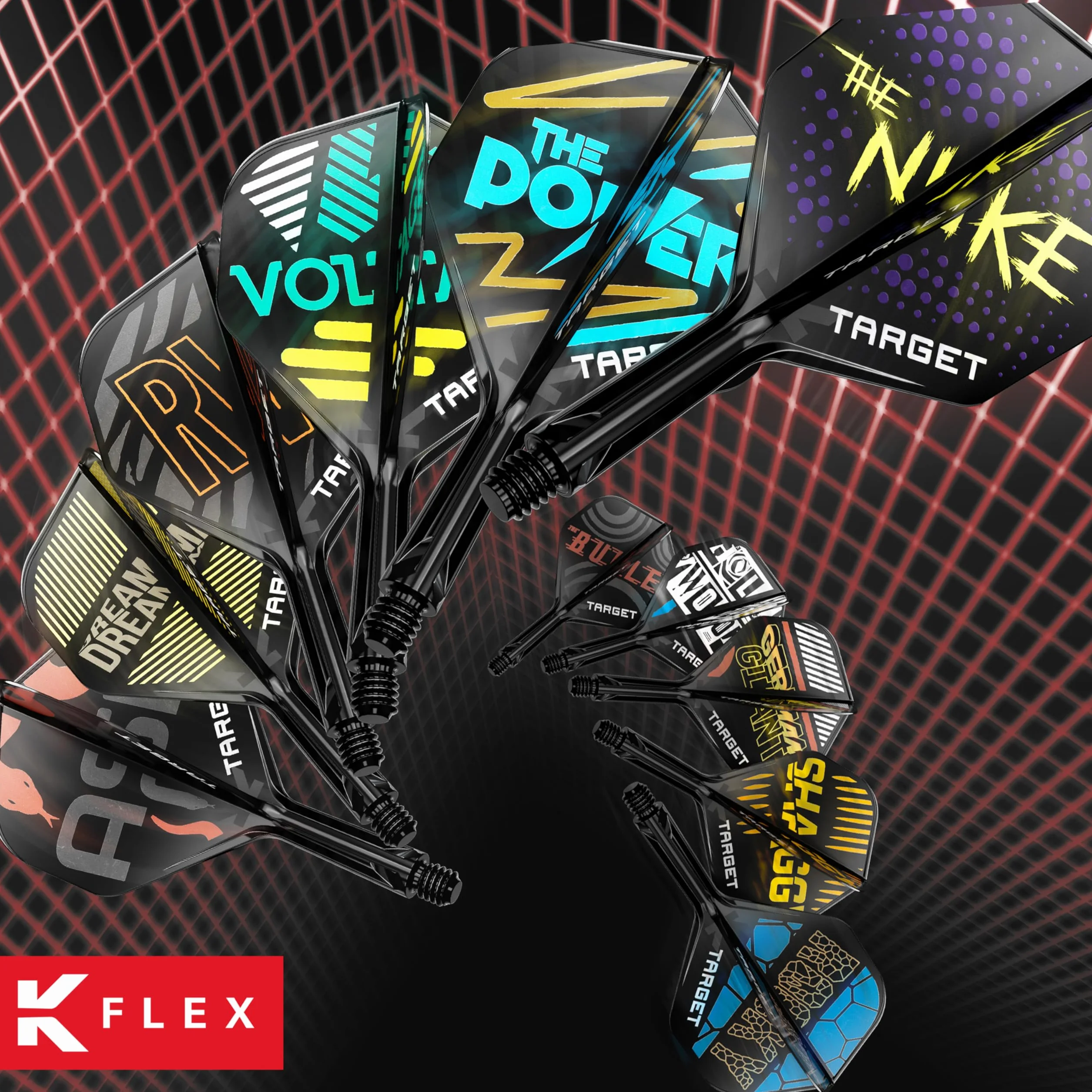 TARGET Darts Josh Rock K Flex Flights and Shaft System, No.2 | Zestaw 3 lotek Kflex All In One, Akcesoria do rzutek Player Edition | Trzpień K-Flex Dart Short/Intermediate/Medium
