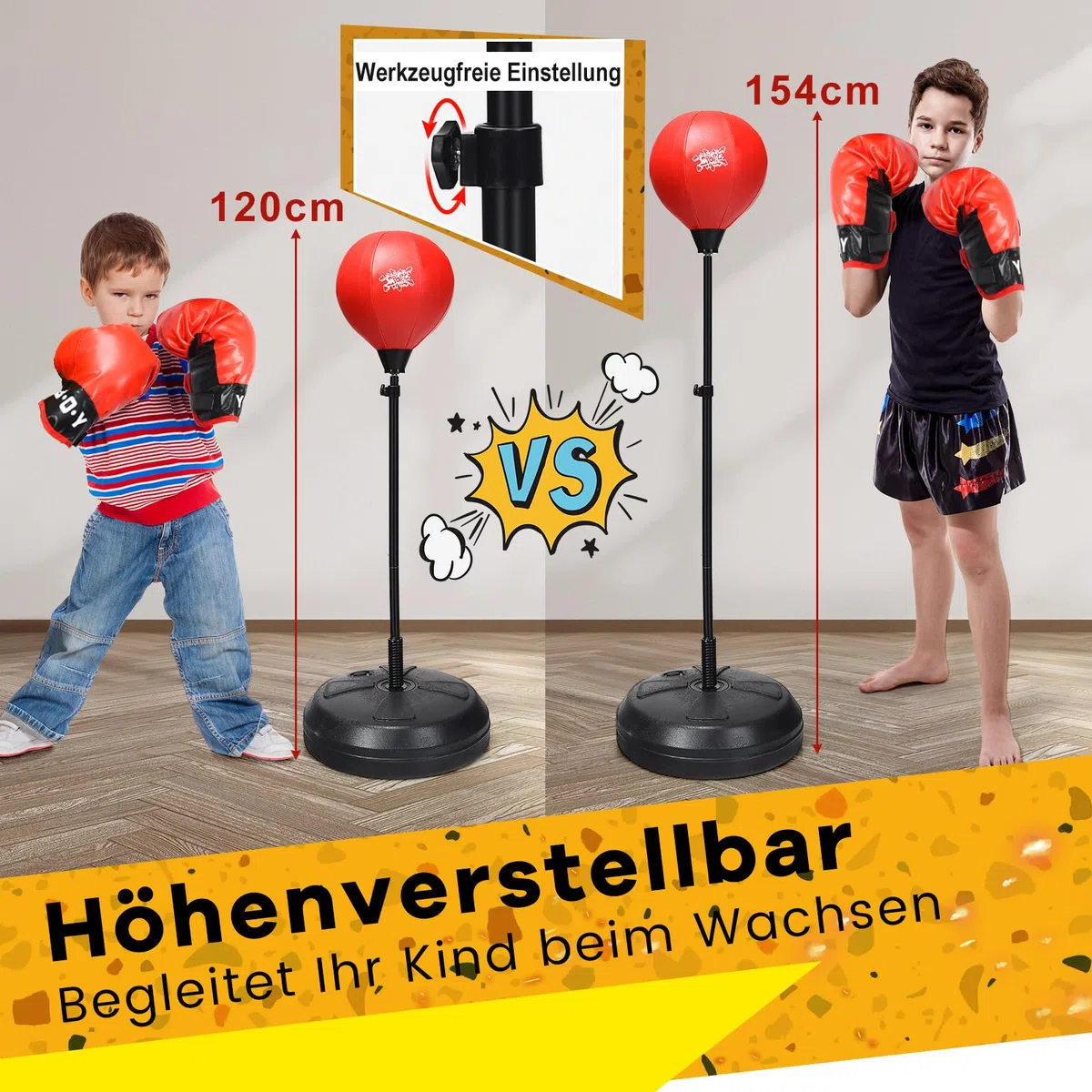 COSTWAY Piłka bokserska 120-154 cm, z regulacją wysokości, wolnostojąca, zestaw worka bokserskiego, zestaw bokserski z rękawicami bokserskimi i pompką ręczną, dla dorosłych, chłopców i dziewczynek od