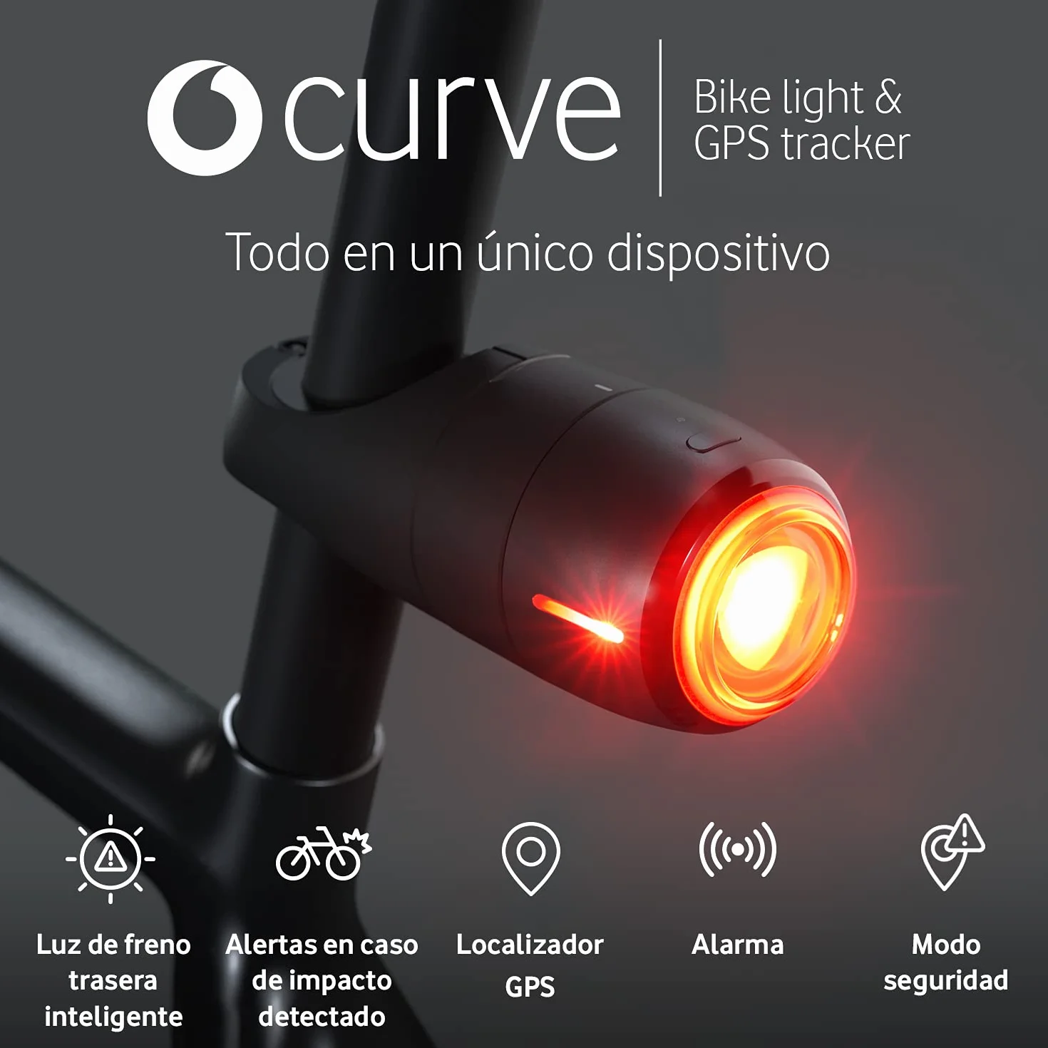 Vodafone Inteligentne tylne światło rowerowe, Curve Bike LightGPS Tracker - światło hamowania z lokalizatorem GPS, wykrywanie uderzeń i alarm bezpieczeństwa zawiera subskrypcję 6 miesięcy, czarny