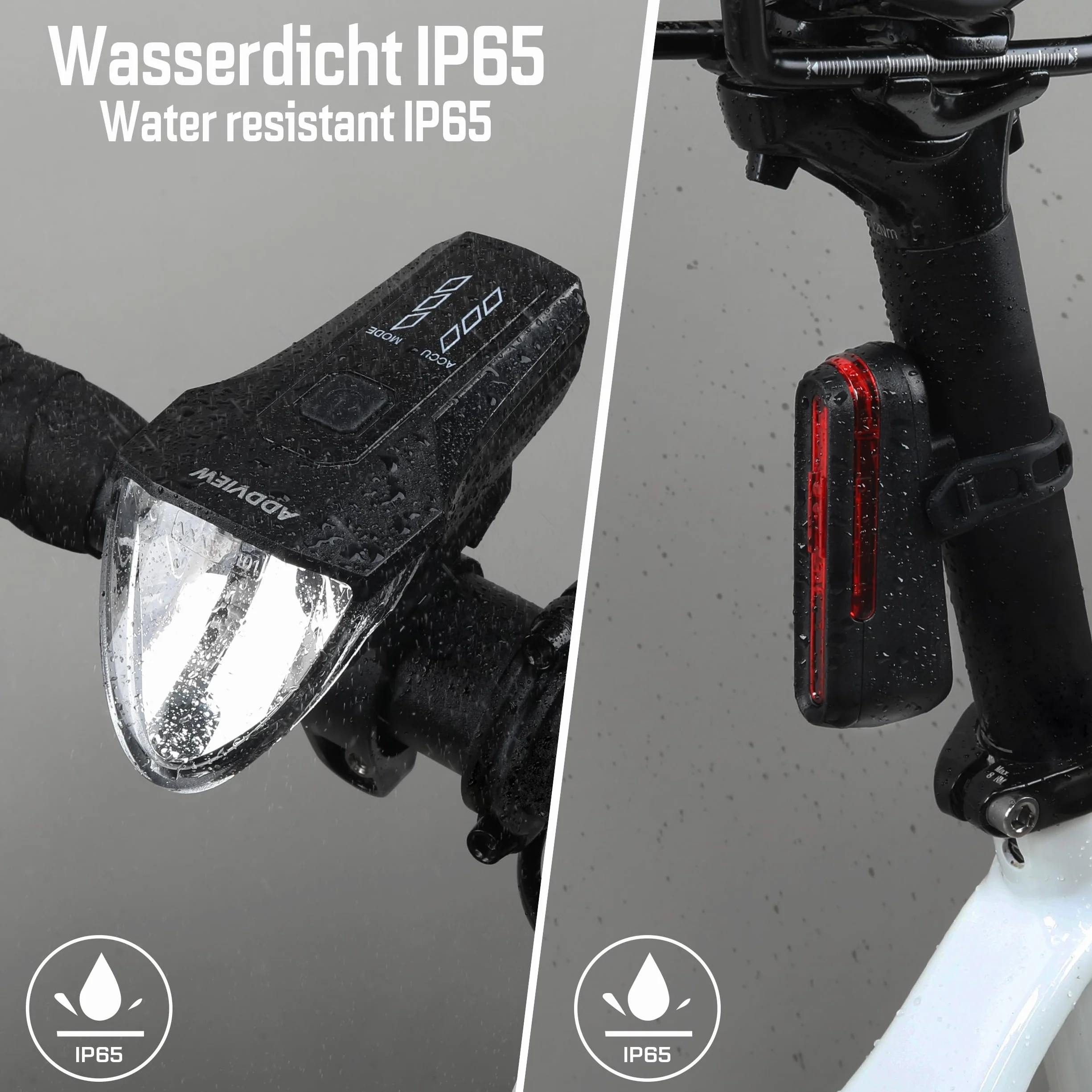 ADDVIEW Zestaw świateł rowerowych Starlight – dopuszczone do ruchu drogowego (obowiązują przepisy lokalne), 70 lx światło przednie i tylne LED z USB C, zasilanie bateryjne, wodoszczelność IP65, zasięg