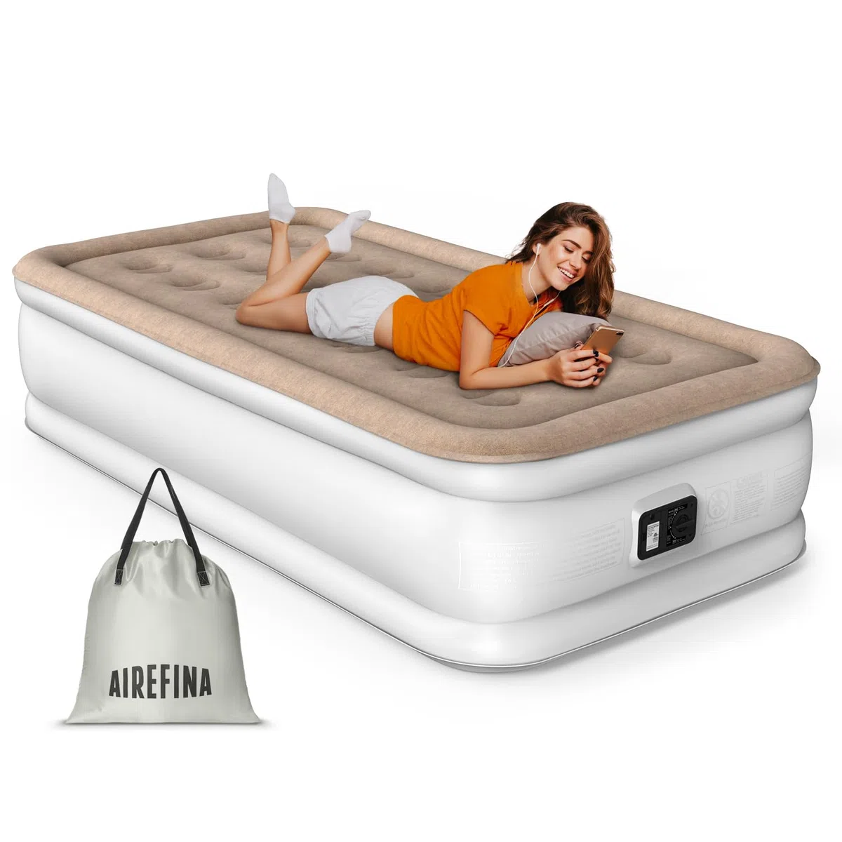 Airefina Łóżko dmuchane dla 1 osoby, samopompujący materac w 2,5 minut, przenośne do gości, kemping i domu – 190 x 99 x 40 cm