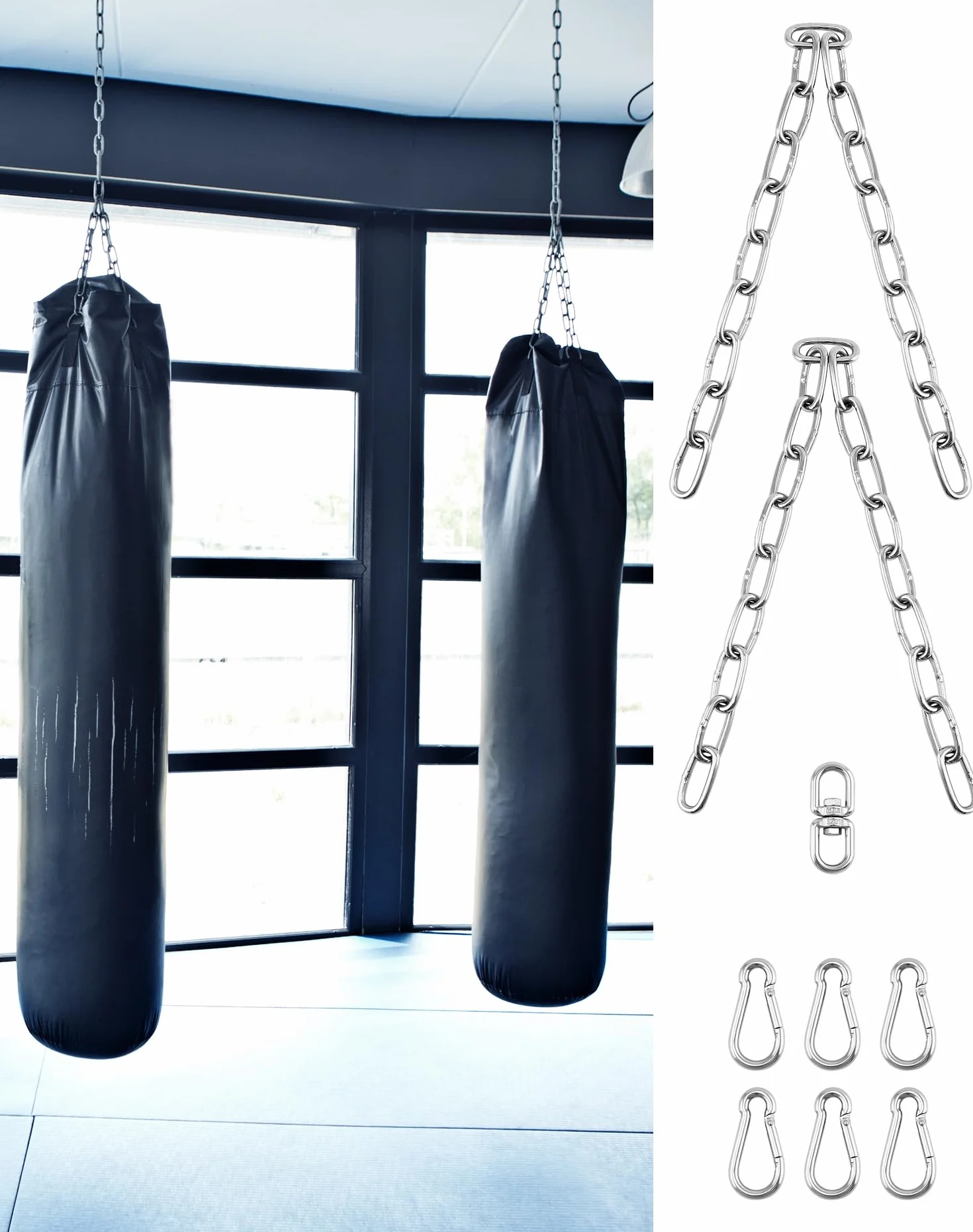 QWORK® 4-żyłowy łańcuch do zawieszania worka treningowego, wytrzymałe łańcuchy ze stali nierdzewnej Długość całkowita 50 cm, obrót o 360 stopni, maksymalne obciążenie 70 kg