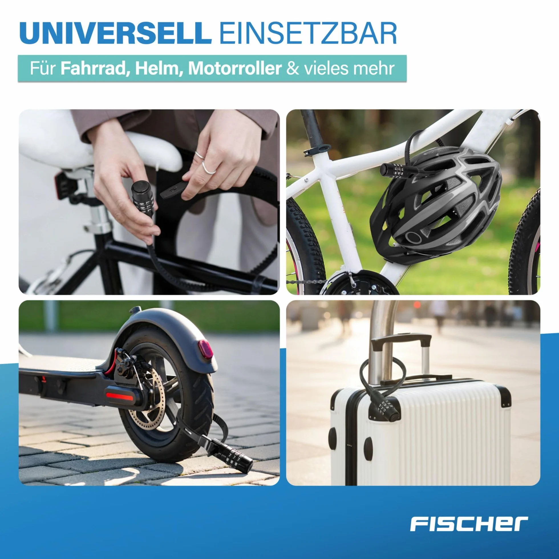 FISCHER Zapięcie rowerowe, zestaw specjalnych zamków z zamkiem szyfrowym, do roweru, kasku lub jazdy na nartach, czarne, dwa zamki o długości 35 i 53 cm