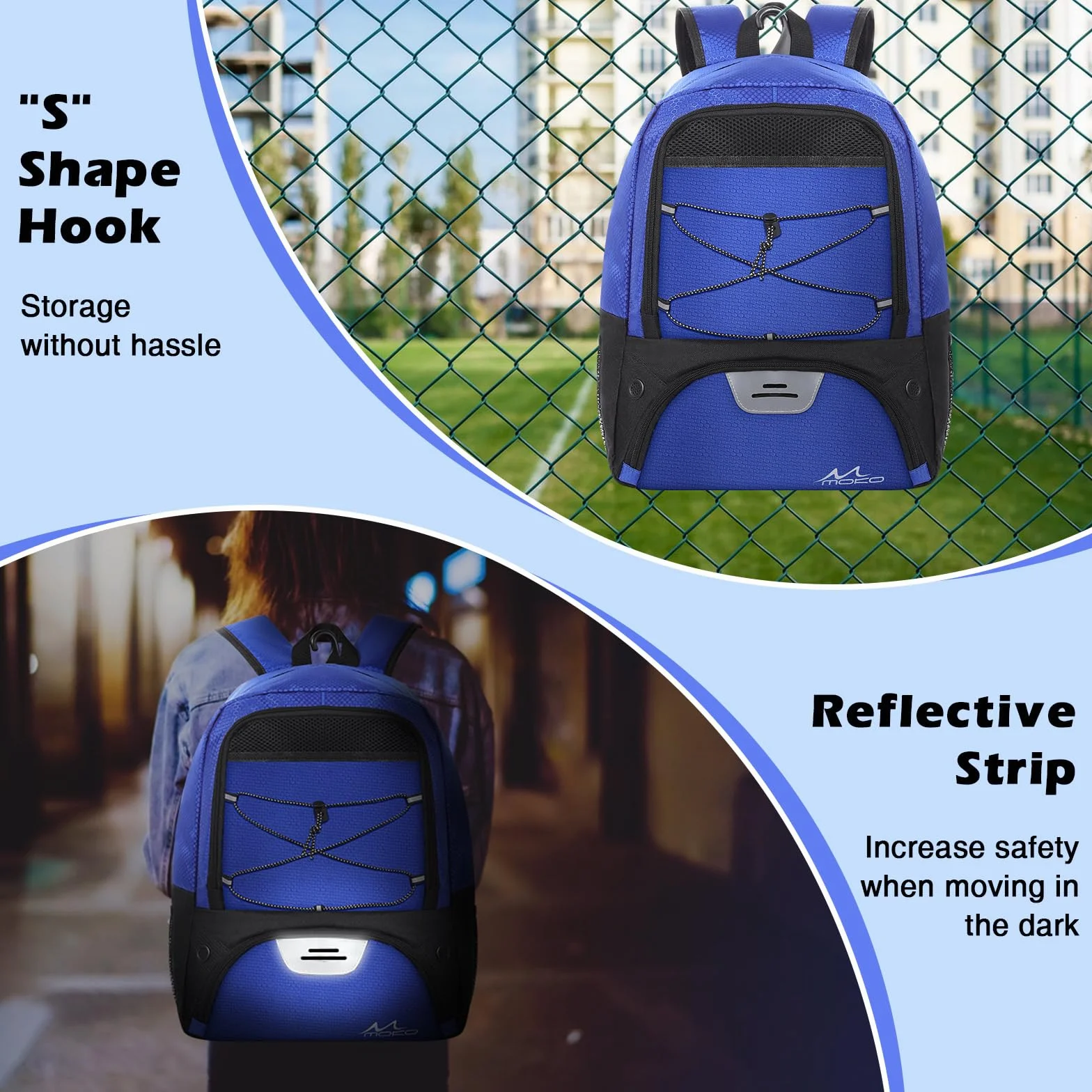 MoKo Basketball Bag Backpack, Soccer Backpack for Men & Women with Separate Ball and Shoes Compartments, Water-Resistant, Fence Hook, Sports Bag for Clothes, Shoes, Tablets, Laptops, Blue