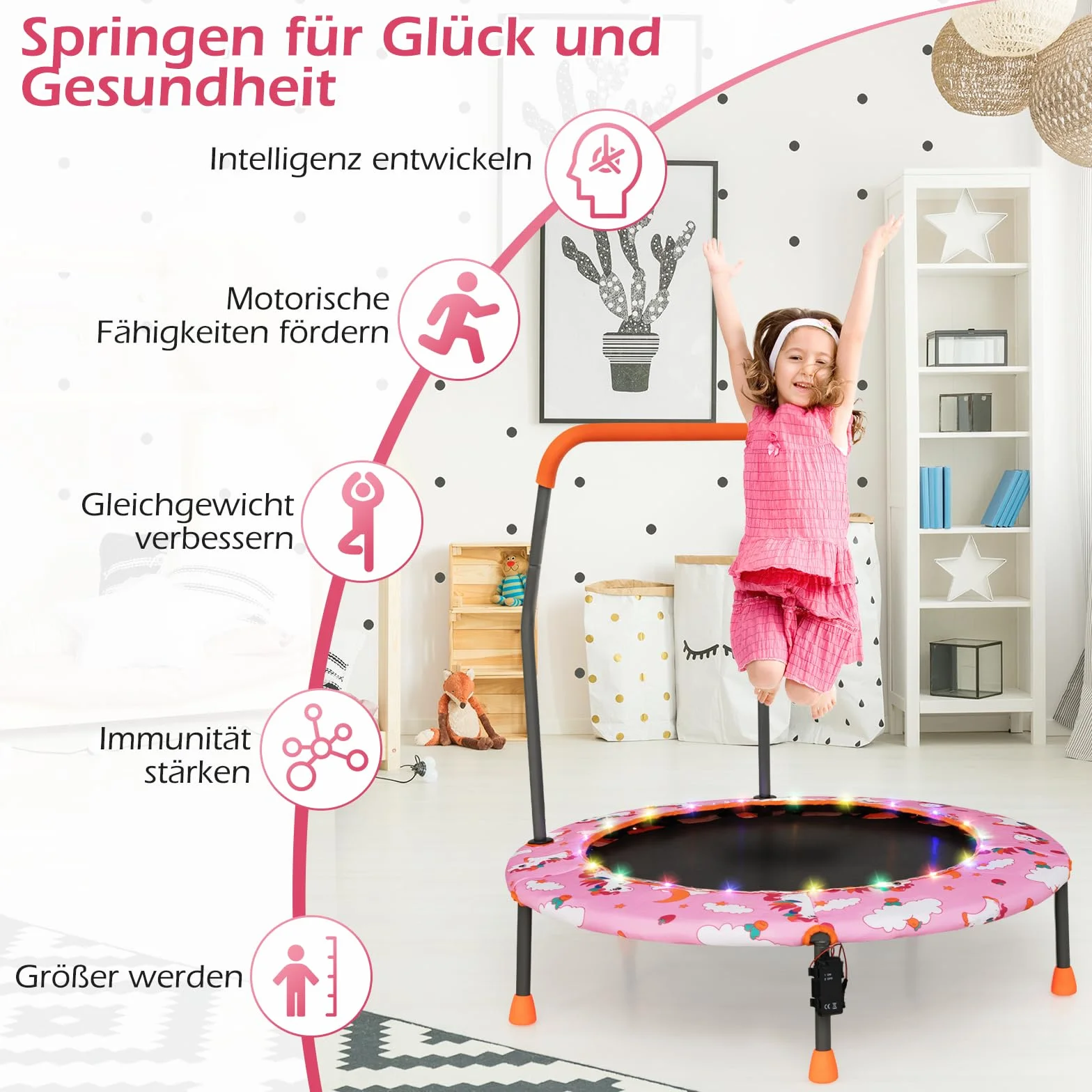 COSTWAY Trampolina dla dzieci o średnicy 92 cm, mini trampolina z oświetleniem LED i zdejmowanym uchwytem, trampolina fitness, trampolina ogrodowa, do użytku wewnątrz i na zewnątrz, dla dzieci w wieku