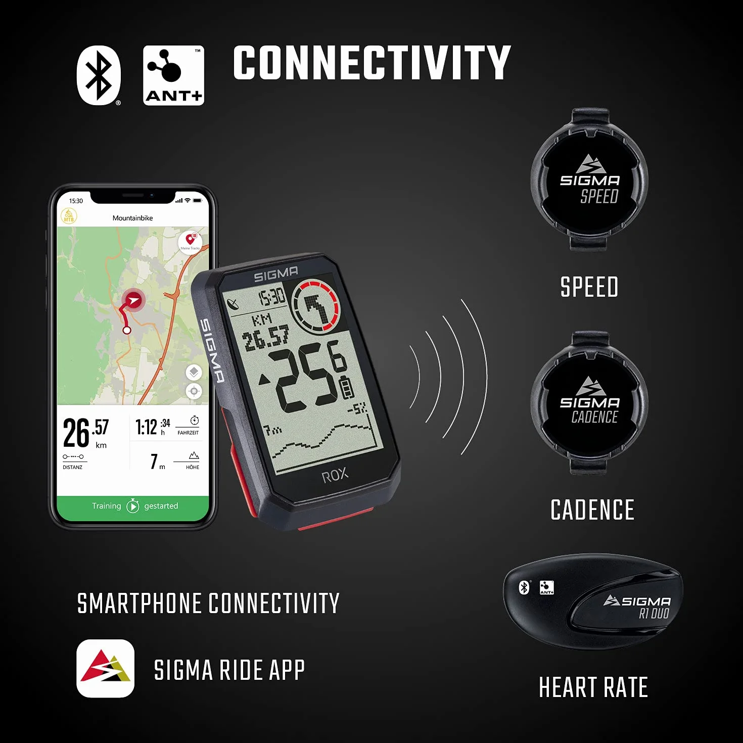 SIGMA ROX 4.0 Black | Komputer rowerowy bezprzewodowo GPS i nawigacja, w tym wspornik GPS | Nawigacja na zewnątrz GPS z pomiarem wysokości