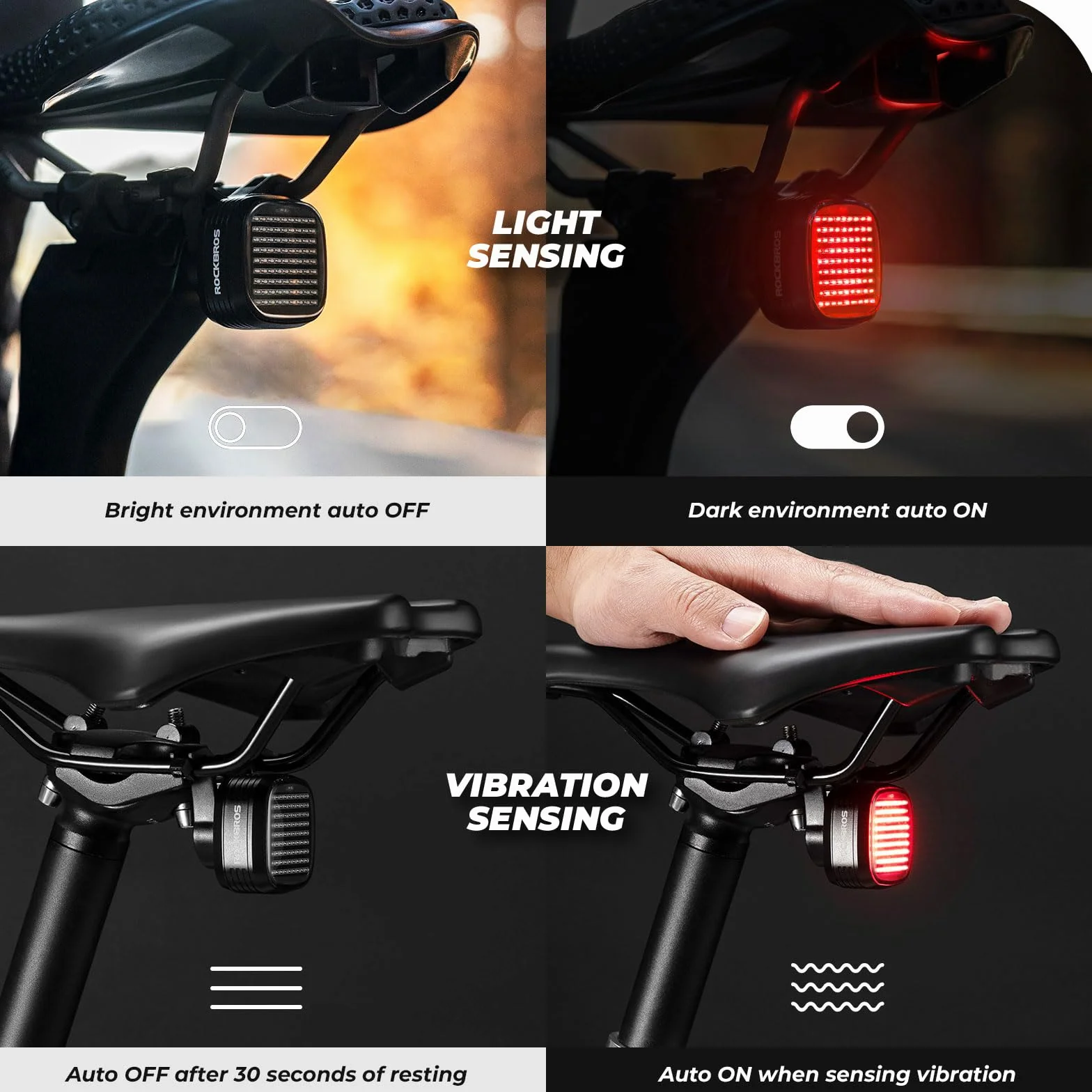 ROCKBROS Tylna Lampka Rowerowa LED, Mocna 12 Trybów, Wodoodporna IPX6, USB