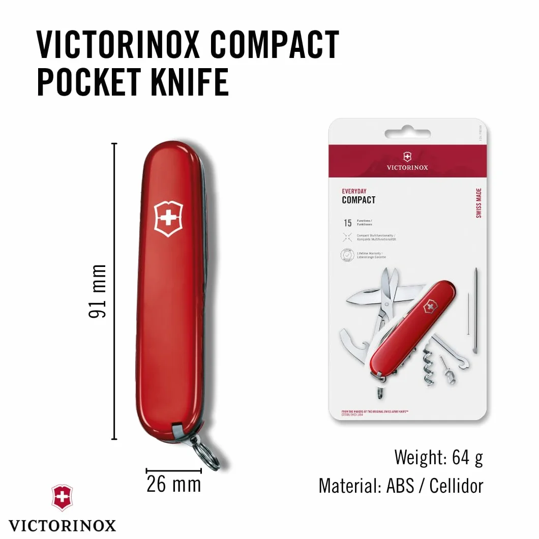 Victorinox Taschenmesser Compact (15 Funktionen, Kombi-Klinge, Kugelschreiber, Schere, Mehrzweckhaken) rot
