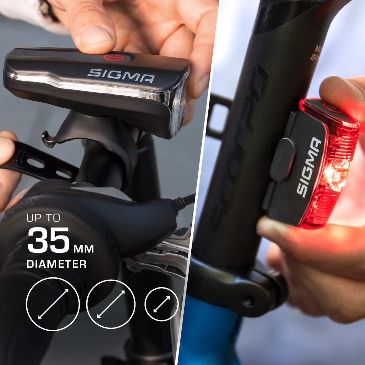 Zestaw oświetlenia rowerowego LED SIGMA AURA 60 i INFINITY | przednie i tylne światło zasilane bateryjnie | bryzgoszczelny zestaw oświetlenia rowerowego
