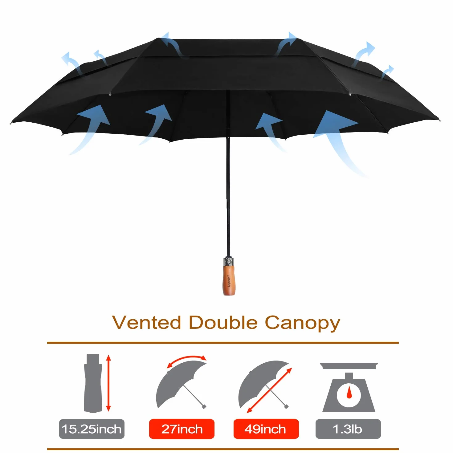 Lejorain Parasol golfowy 137 cm automatyczny składany 210T powlekany teflonem wiatroszczelny podwójny baldachim