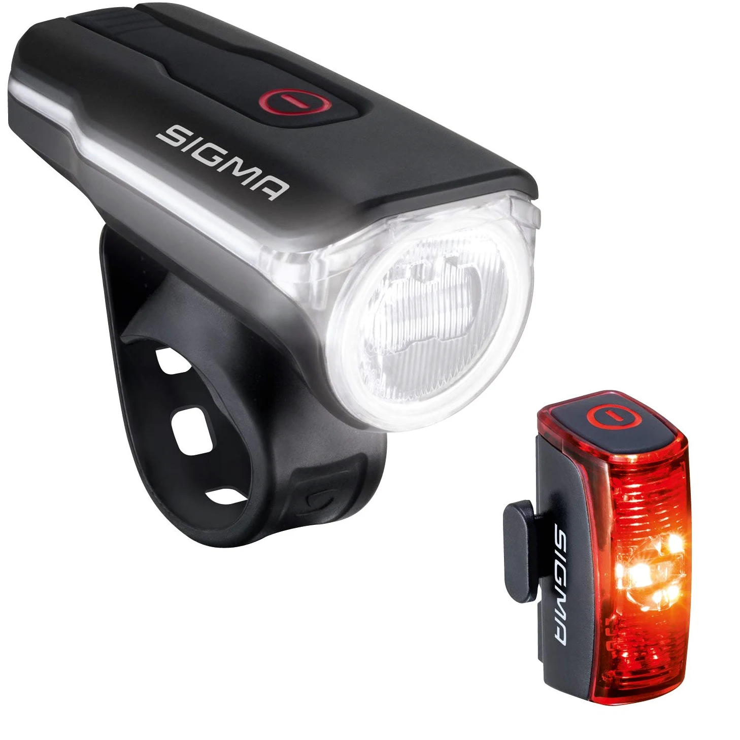Zestaw oświetlenia rowerowego LED SIGMA AURA 60 i INFINITY | przednie i tylne światło zasilane bateryjnie | bryzgoszczelny zestaw oświetlenia rowerowego