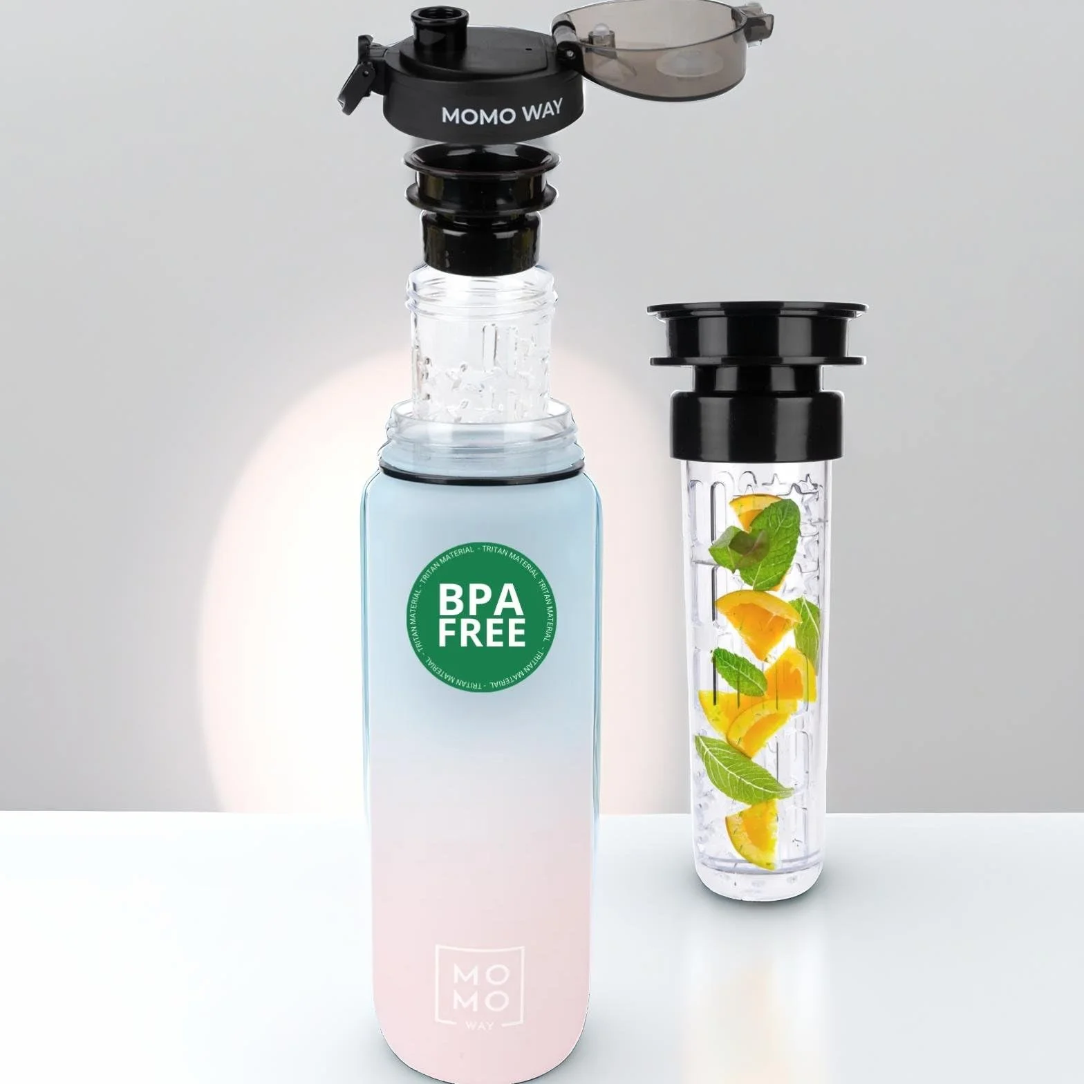 MOMO WAY Butelka Na Wodę Do Picia Na Drogę Tritan Bez BPA Do Sportu Idealna Na Prezent Z Tritanu Szczelna Na Napoje Niebiesko-Różowy 1000ml