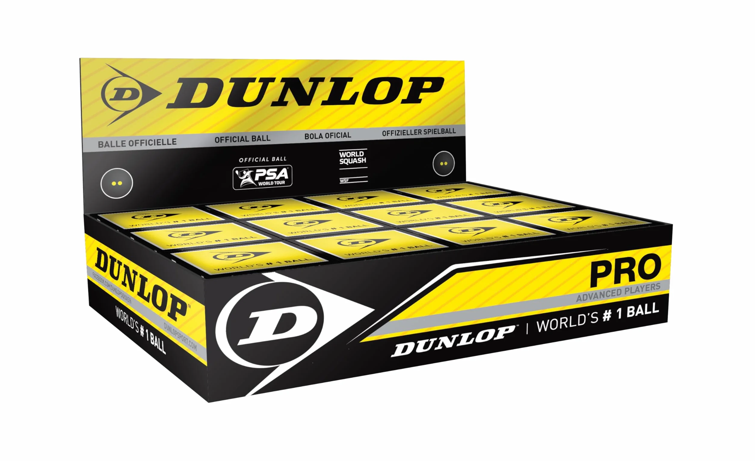 Dunlop Sports Dunlop Piłki do squasha Pro, podwójne, żółte, 12 sztuk, oficjalne piłki do squasha, czarne