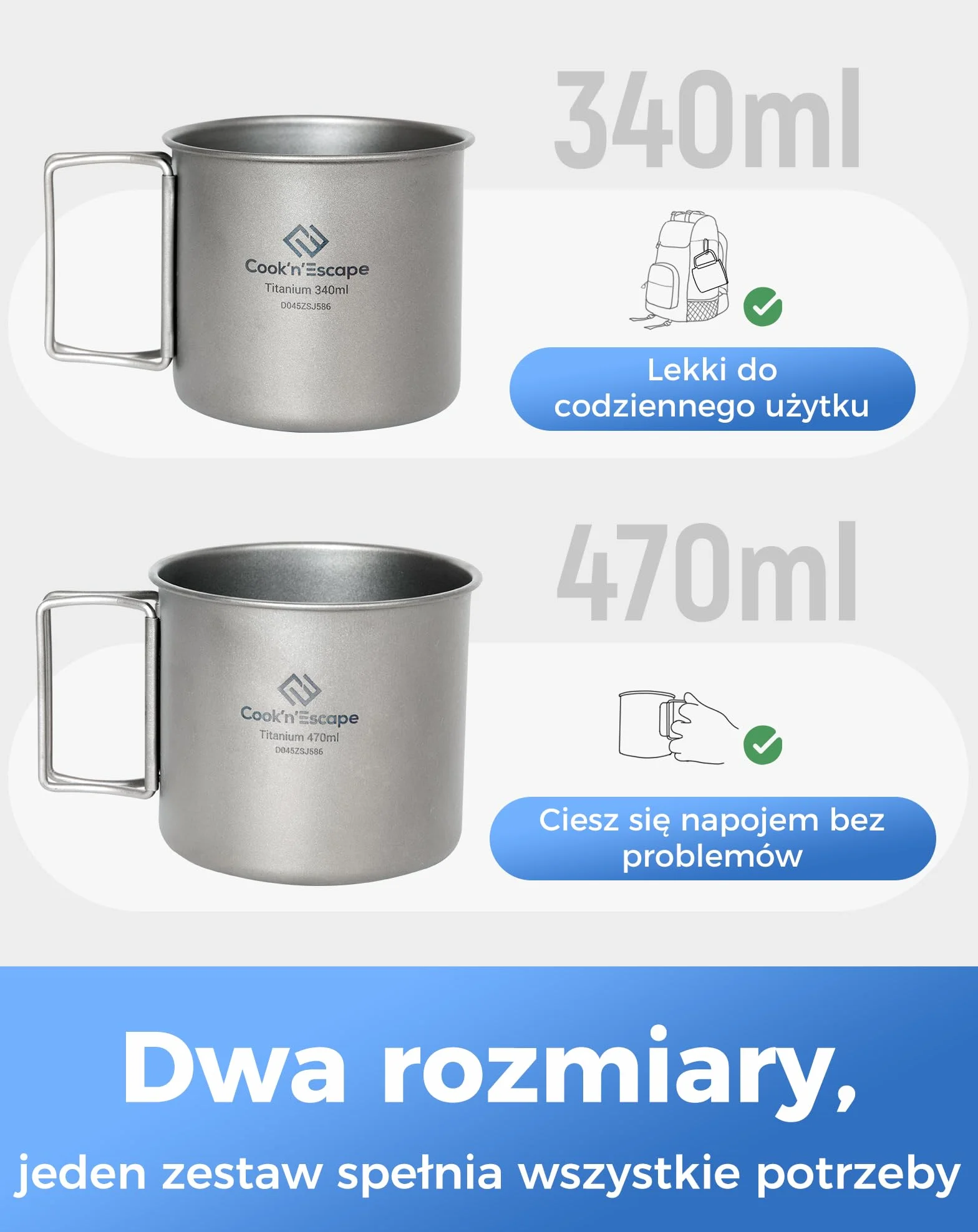 COOK'N'ESCAPE Tytanowe kubki kempingowe, zestaw 2 szt., 340 ml + 470 ml, lekkie i przenośne, odporne na ciepło, ze składanym uchwytem, idealne na kemping, wędrówki, podgrzewanie wody i parzenia kawy