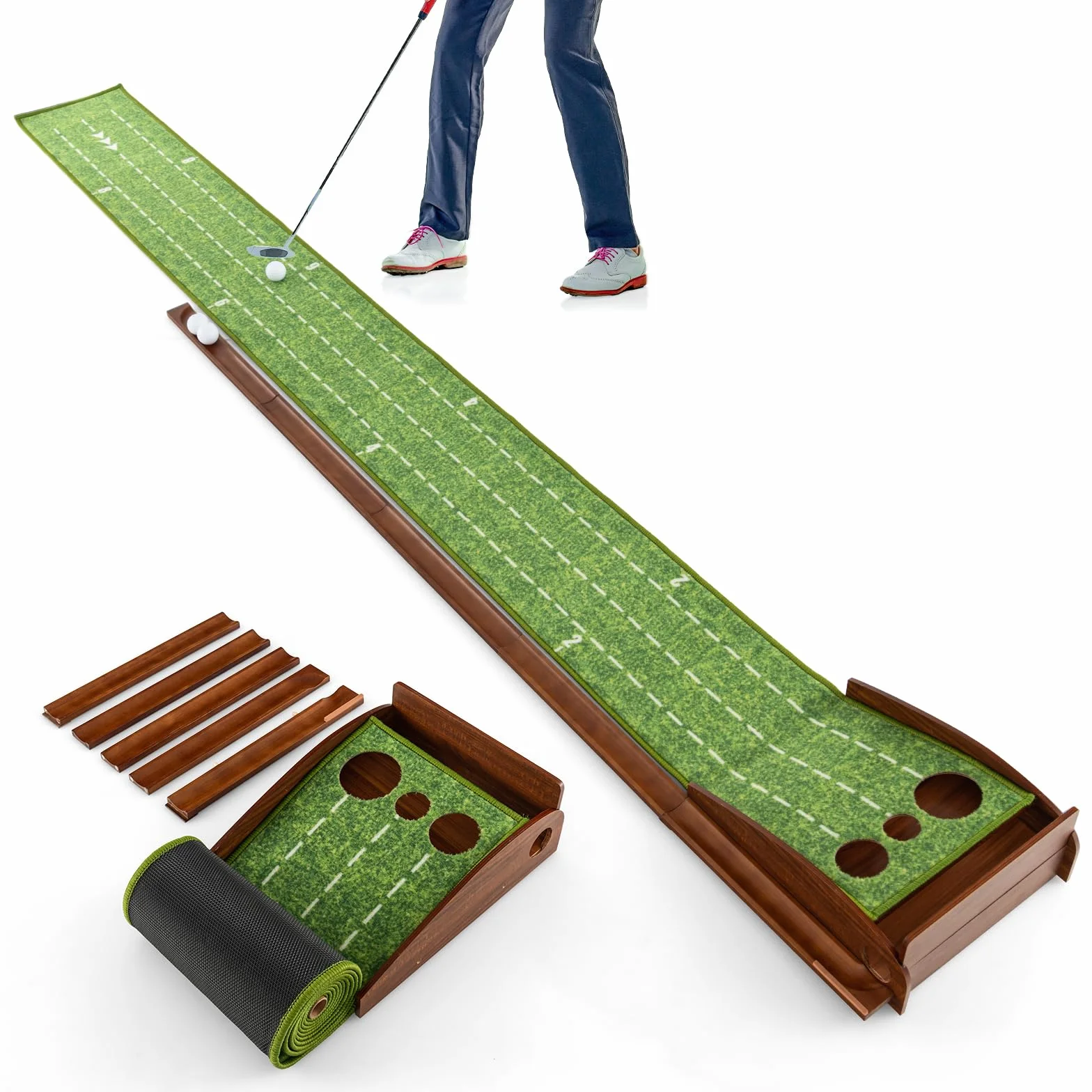 LIFEZEAL mata golfowa z 1/2/3 otworami i automatycznym powrotem, mata treningowa do golfa z deską, zwijana i przenośna, 3 balony golfowe, wewnątrz i na zewnątrz